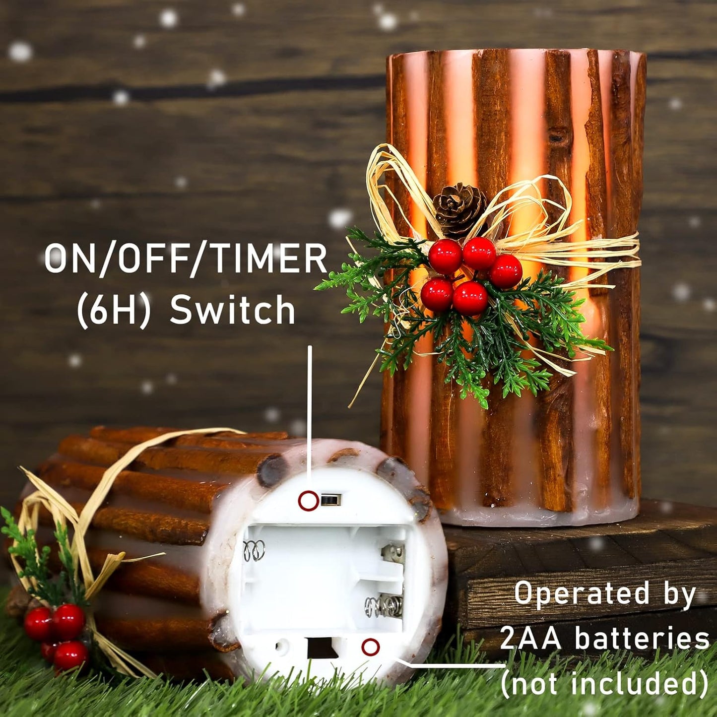 Silverstro Christmas Fake Candles with Remote Embedded Cinnamon Bark Blinks Real Wax Decorative Candles for Home Party Xmas Holiday Decorations - D3.23 X H6 Set of 2