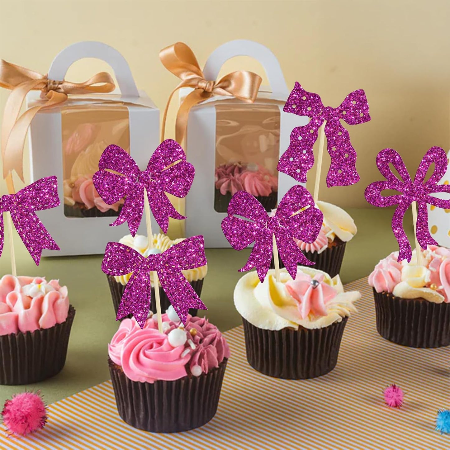 Ephlyn 24Pcs Bow Cupcake Toppers Bow Birthday Cake Topper Girls Birthday Party Decorations Bowknot Cupcake Decorations for Bridal Baby Shower Birthday Wedding Themed Party Purple