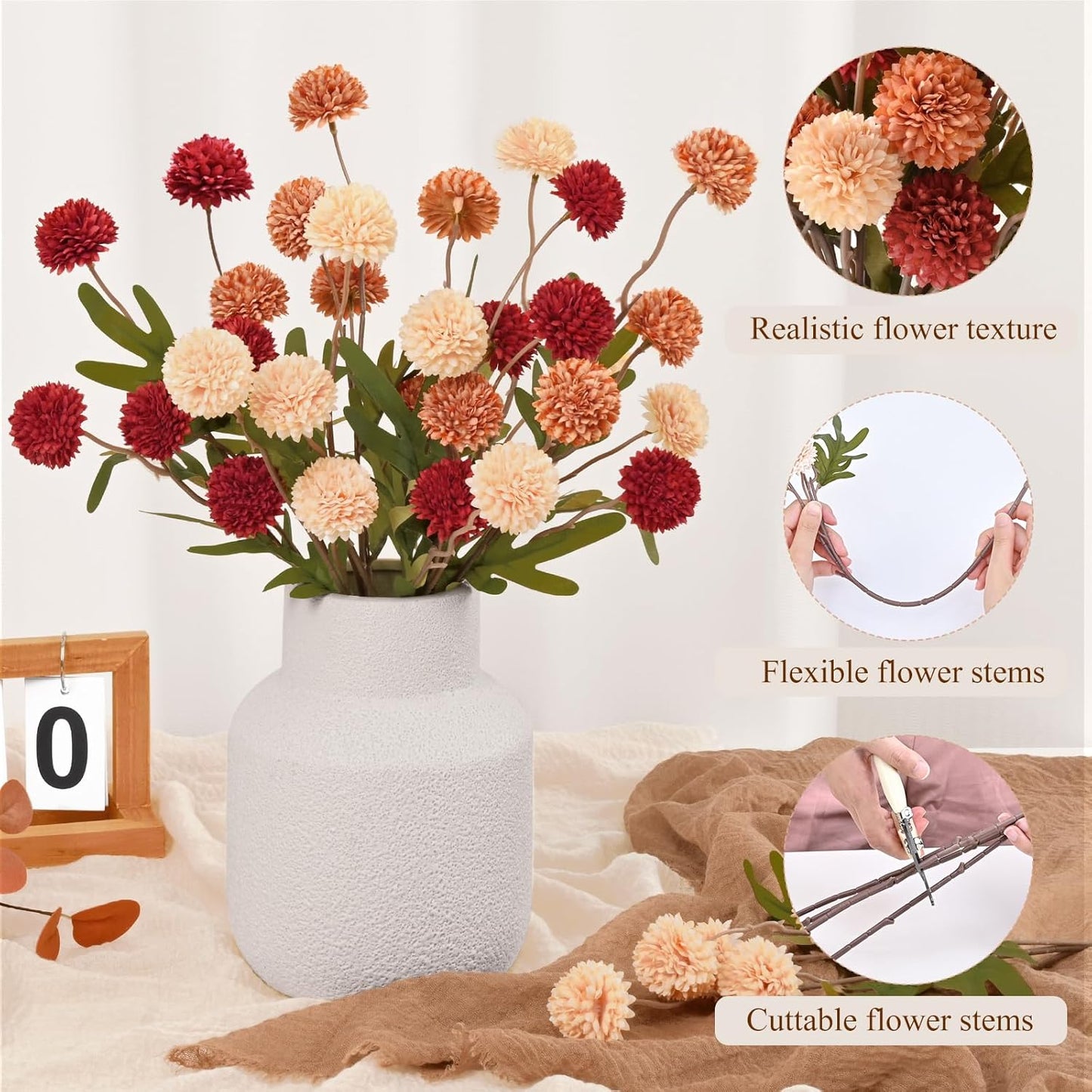 Waipfaru 10pcs Fake Silk Pompon Mum Artificial Fall Flowers, Faux Mini Chrysanthemums with 2pcs Eucalyptus Stems, Fall Decor for Centerpieces Wedding, No vase, Multicoloured
