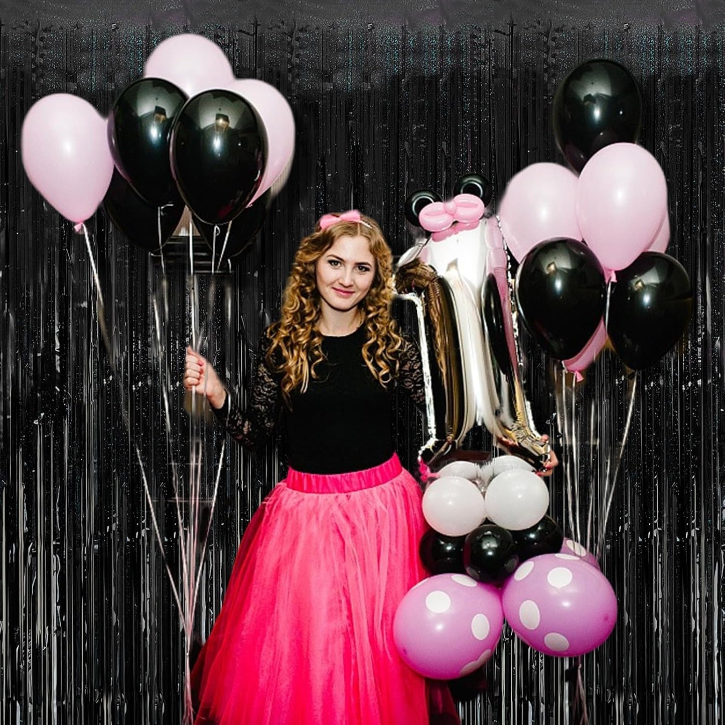 Tinsel Curtain Backdrop Black Birthday Party Decorations 2 Packs Glitter Foil Fringe Curtain Party Decor Streamers Photo Booth for Birthday Christmas Wedding Halloween Graduation Decorations