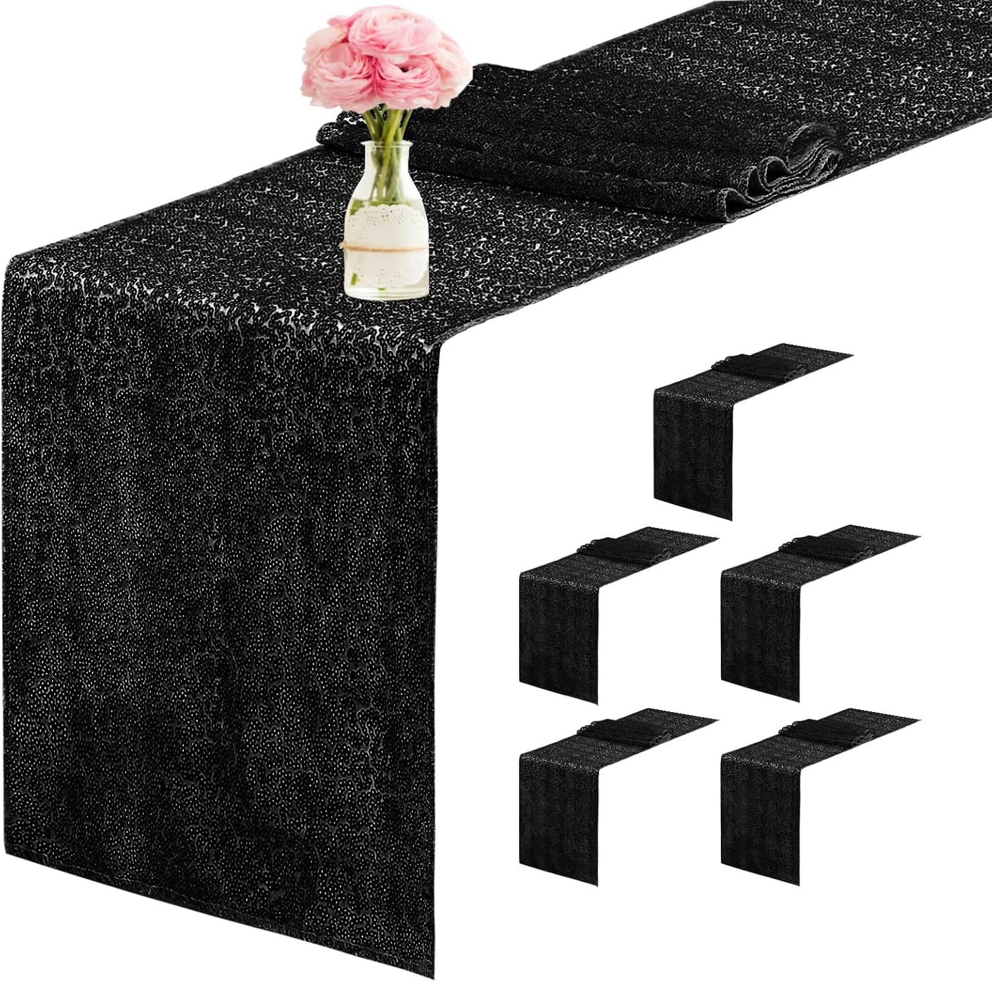 6 Packs 12 x 72 inches Sequin Table Runner, Black Glitter Table Runner for Birthday Party Supplies Wedding Engagement Baby Shower Holiday Celebration Event Decorations