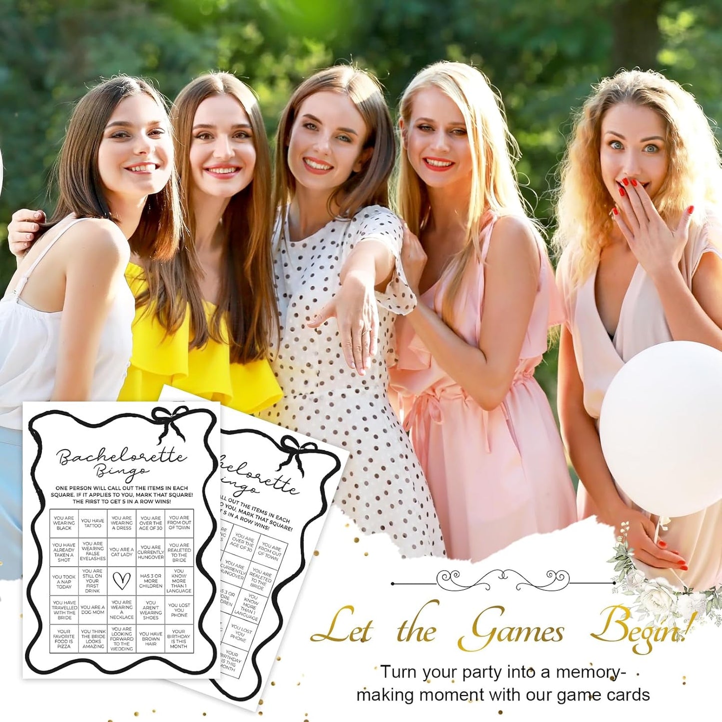 DEEKA 30 PCS Bridal Shower Games Card for 30 Guests Black Wavy Border Ribbon Bow Funny Wedding Bachelorette Party Games for Reception (Bachelorette Bingo)