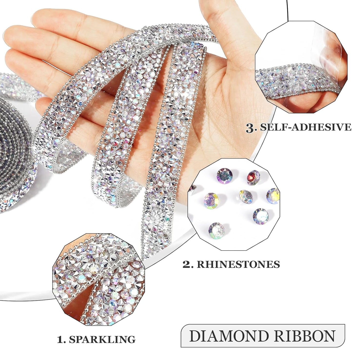 Rhinestone Ribbon 6 Yards Self Adhesive Rhinestone Strips Diamond Ribbon Sticker Crystal Roll Glitter Bling Rhinestones Tape for Crafting DIY Art Decoration (Silver AB,0.4 Inch)