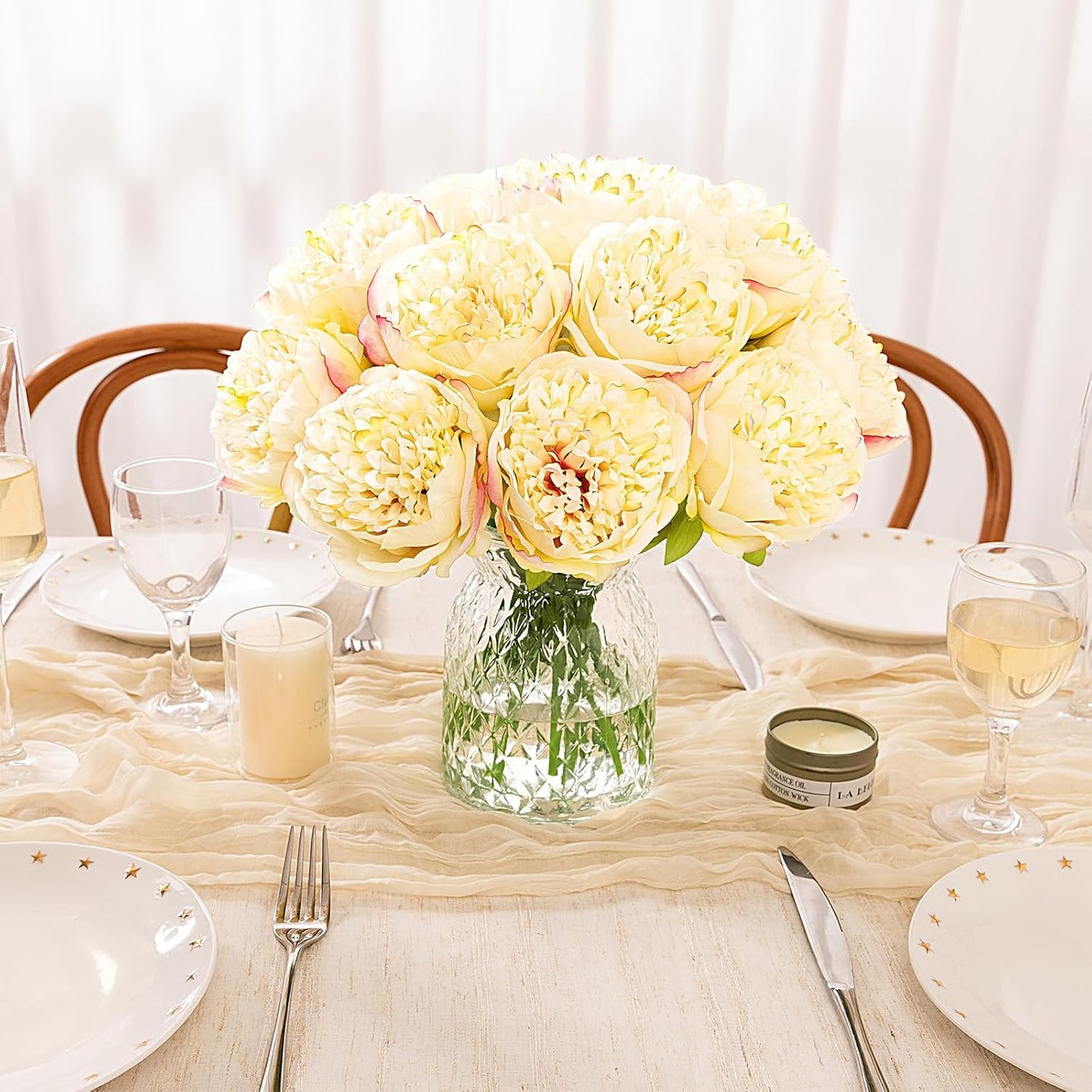 U'Artlines 20 Heads Artificial Peony Silk Flower Leaf Home Office Wedding Party Festival Bar Decor (Champagne)