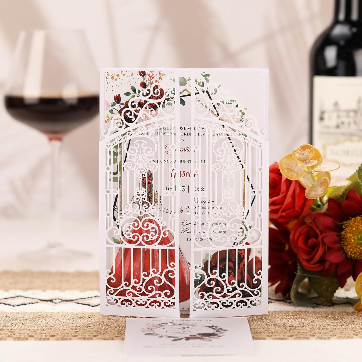 50Pcs White Laser Cut Invitations Fence Wedding Invitations Pocket with Envelopes and RSVP Cards for Wedding Quinceañera Engagement House Warming Invites, Blank Wedding Invitation Card Customizable