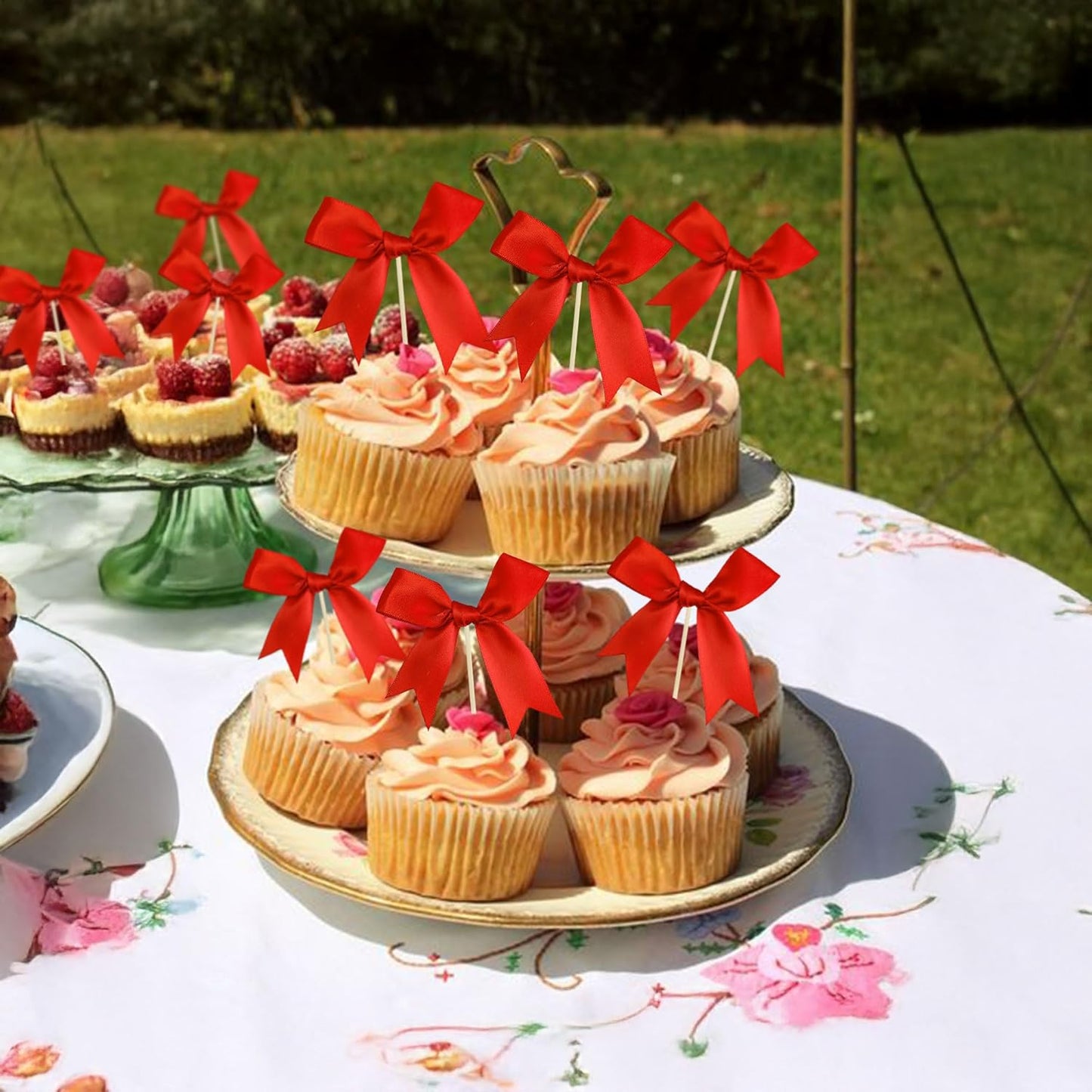 Gyufise 24Pcs Bow Cupcake Toppers Coquette Bow Girls Birthday Cake Decorations Bowknot Cake Toppers Bowknot Cupcake Picks for Baby Shower Birthday Wedding Bridal Engagement Party Supplies Red