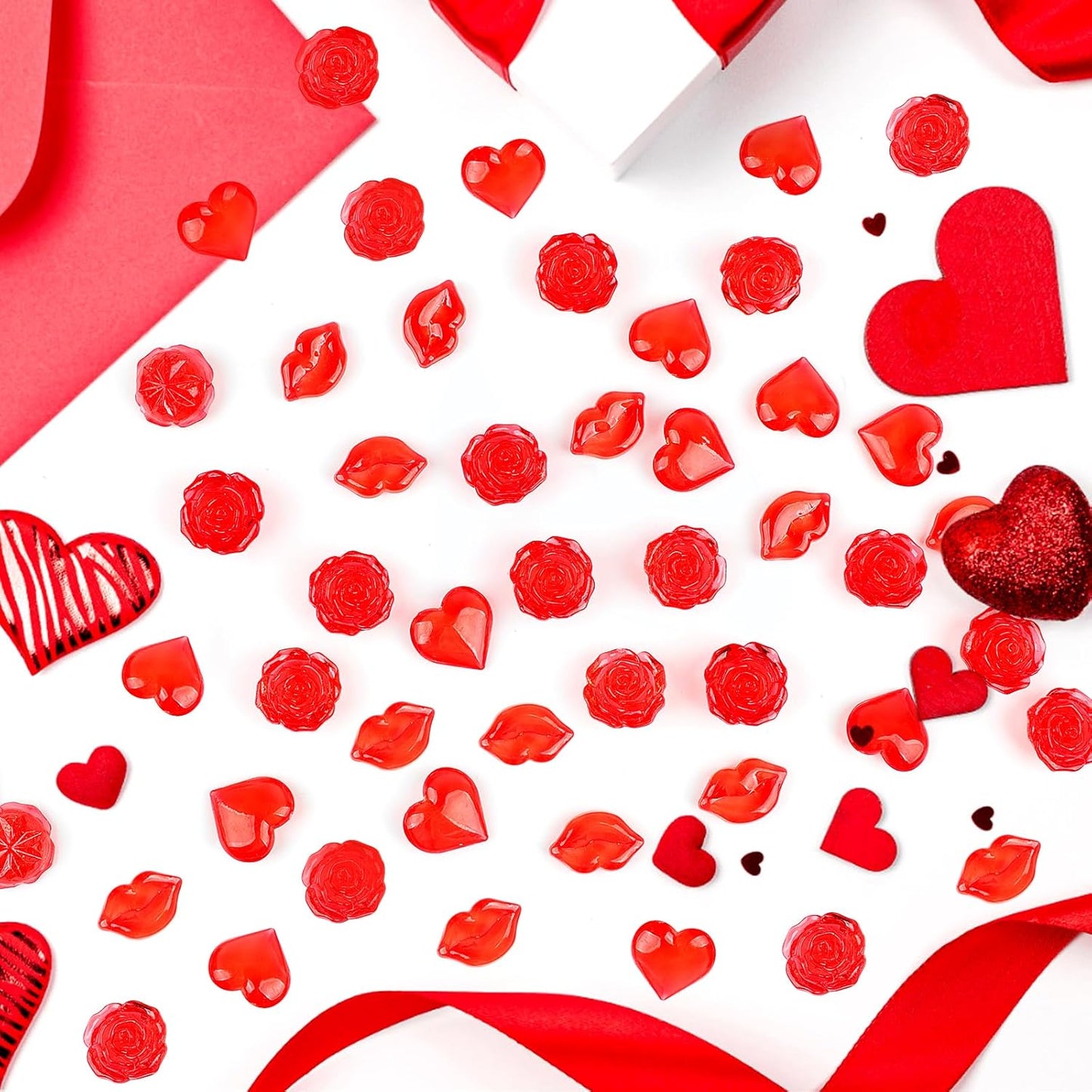 Fangoo 180PCS Red Acrylic Heart Ornaments Mini Acrylic Heart Rose Flower Lips Gems for Valentine Vase Filler Decor for Table Scatter Engagement Valentine's Day Wedding Anniversary Party（Red 12oz）