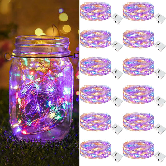 btfarm 12 Pack Fairy Lights Battery Operated [3 Modes], 7ft 20 Led Twinkle Lights String Lights Waterproof Bulk Small Mini Silver Wire for Mason Jars Vases Wedding Table Centerpiece, Colorful