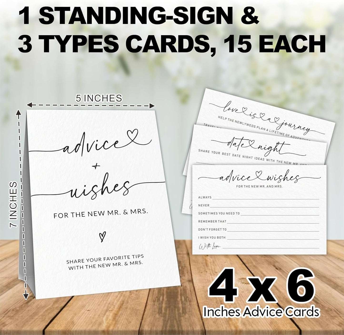 Wedding Advice Cards - Wishes For The New Mr & Mrs Wedding Advice Sign -A Standing Sign With 3 Types Of 4 x 6 Advice Cards -Bride and Groom Newlyweds Bridal Shower Decoration,Games(White) - C01