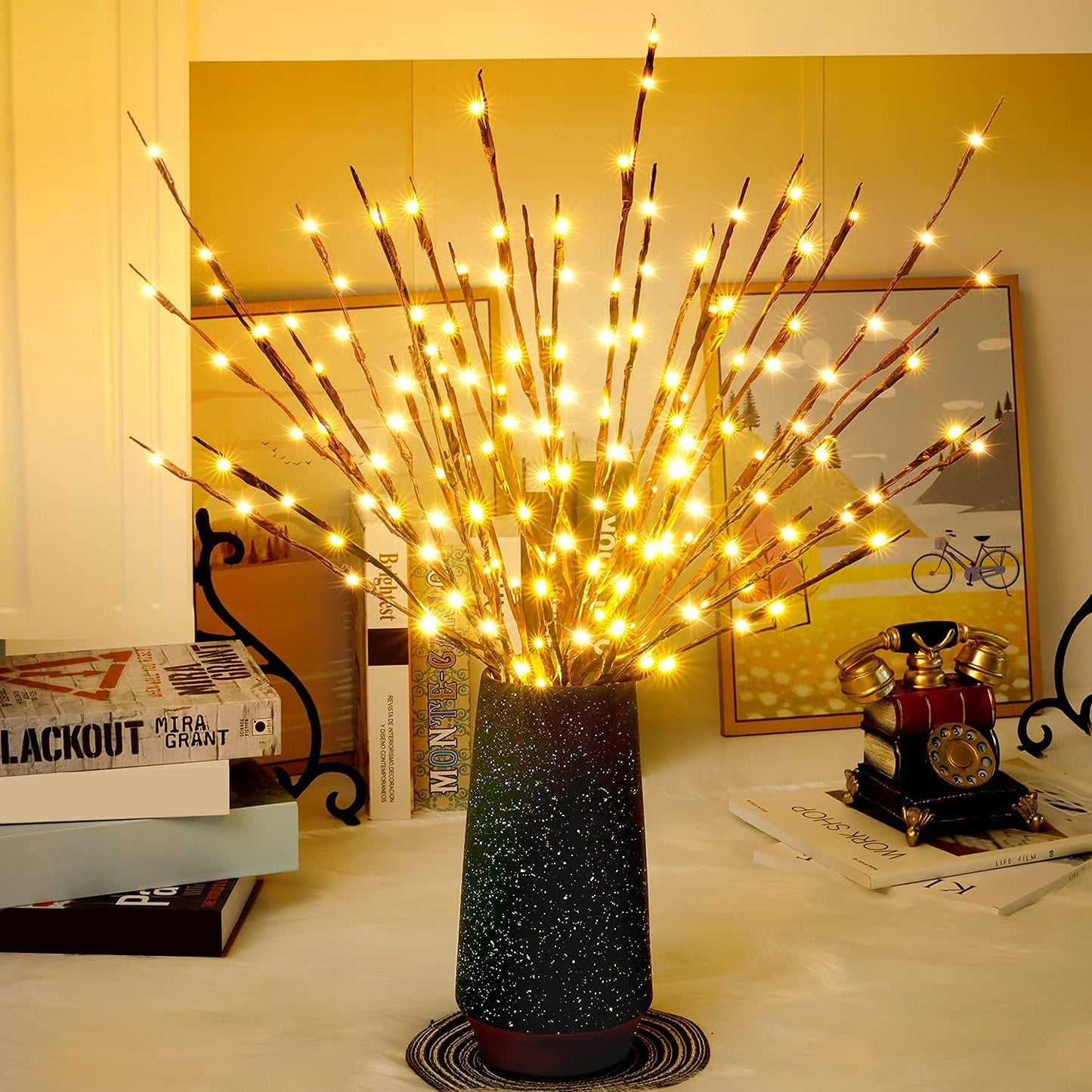 Lights Twig - 60 LED Waterproof & Battery Operated Branch Lights for Vases, Magical Light Up Twigs for Create Christmas Ambience and Lighting Up Dark (3 Pack, Warm Yellow)