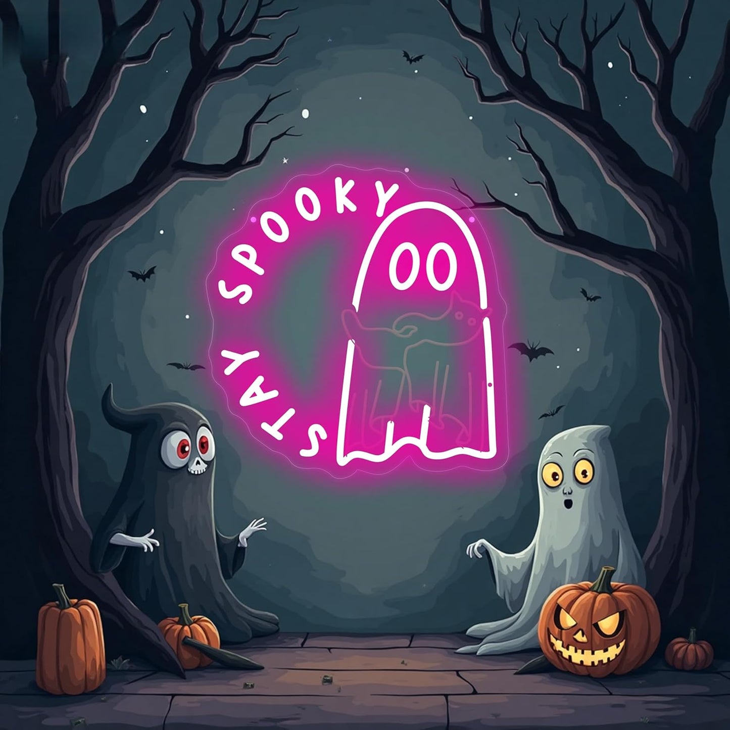 Halloween Ghost holding a cat Stay Spooky Neon Sign, Funny Halloween Party Wall Decor, Spooky Season Room Sign for Boo Wall Decor Neon Light for Bar Man Cave Home Yard Decoration Funny Spooky Vibes-Pink