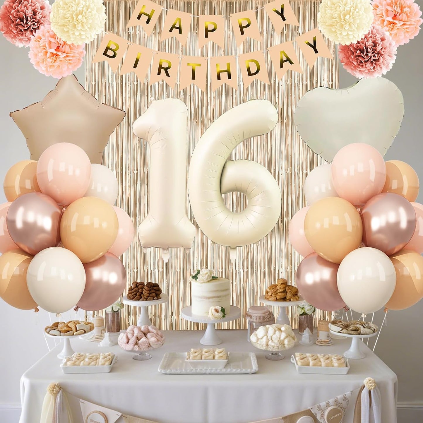 Beige 16th Birthday Decorations Girls Boys Cream Number 16 Balloon Nude Gold Happy Birthday Banner Fringe Curtain Paper Pom Poms Blush White Sand Champagne Star Foil Balloons Neutral Boho Party Decor