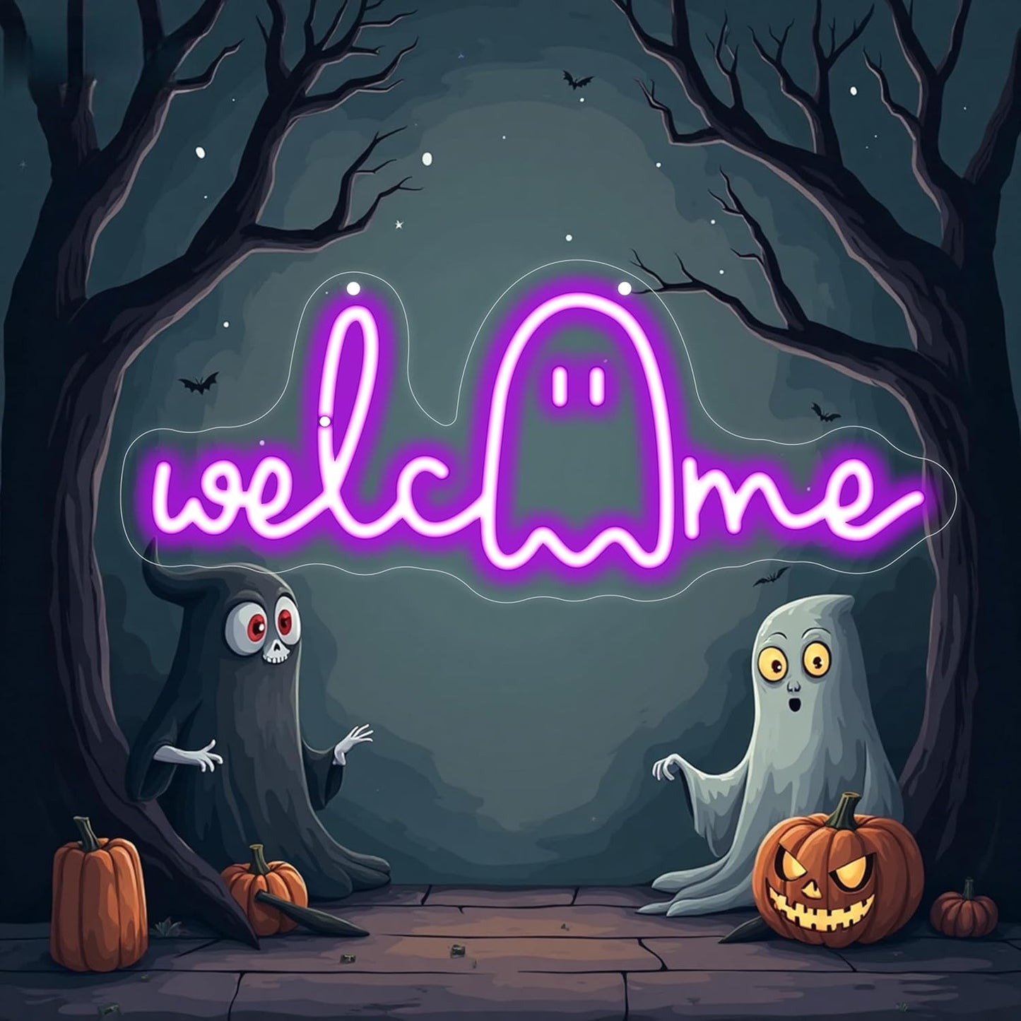 Halloween Welcome Ghouls Neon Sign, Spooky Ghost LED Halloween Decor, Haunted House Entryway Light, Available Gothic Haunted Mansion Light for Bedroom Bar Cave Room Decor Party Home-Purple