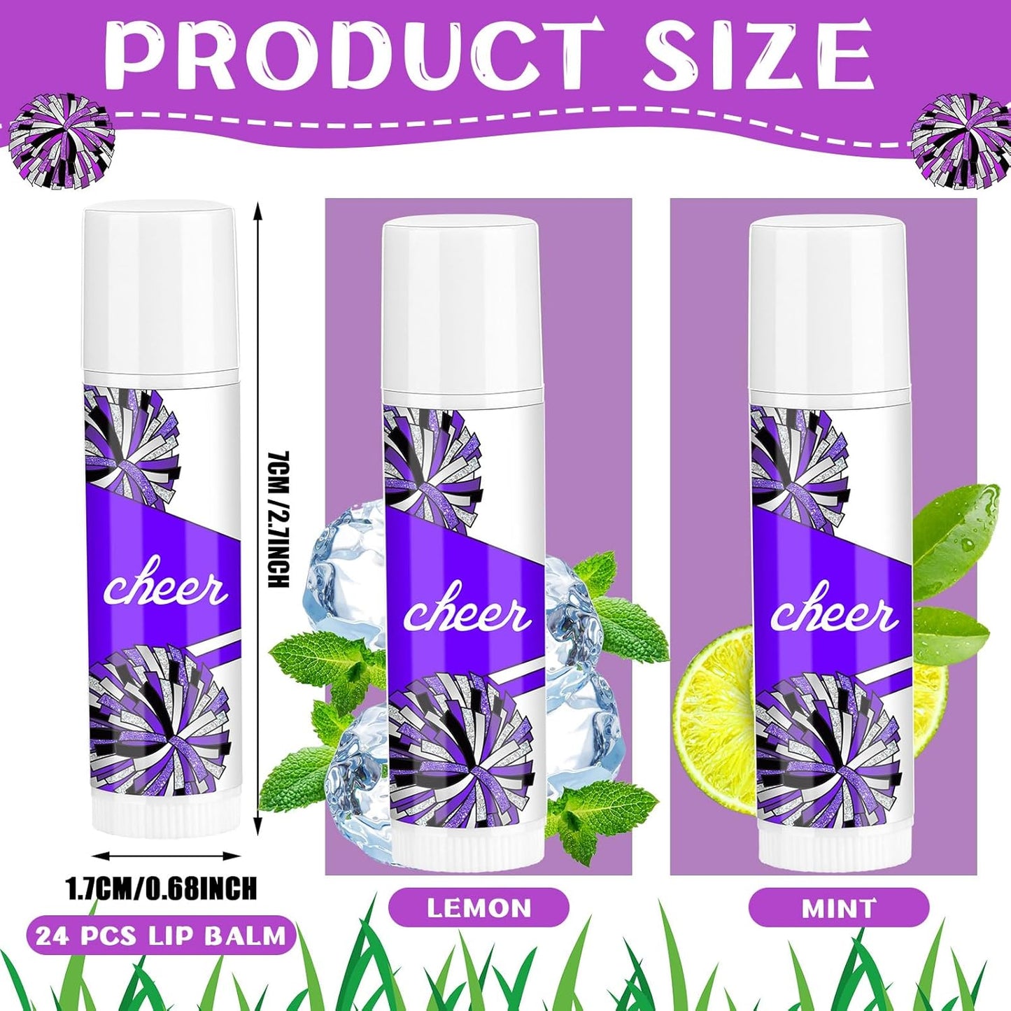 24 Pcs Cheer Lip Balm Cheer Teams Camp Gifts Pom Pom Leaders Party Favors Gear Lip Balm Mom Gift for Competitive Party Guest Supplies(Purple)