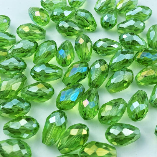100pcs 8x12mm Teardrop Crystal Glass Beads Vertical Hole Faceted Glass Teardrop Spacer Beads for Bracelets Necklace Earring DIY Jewelry Making Craft(Light Green AB)
