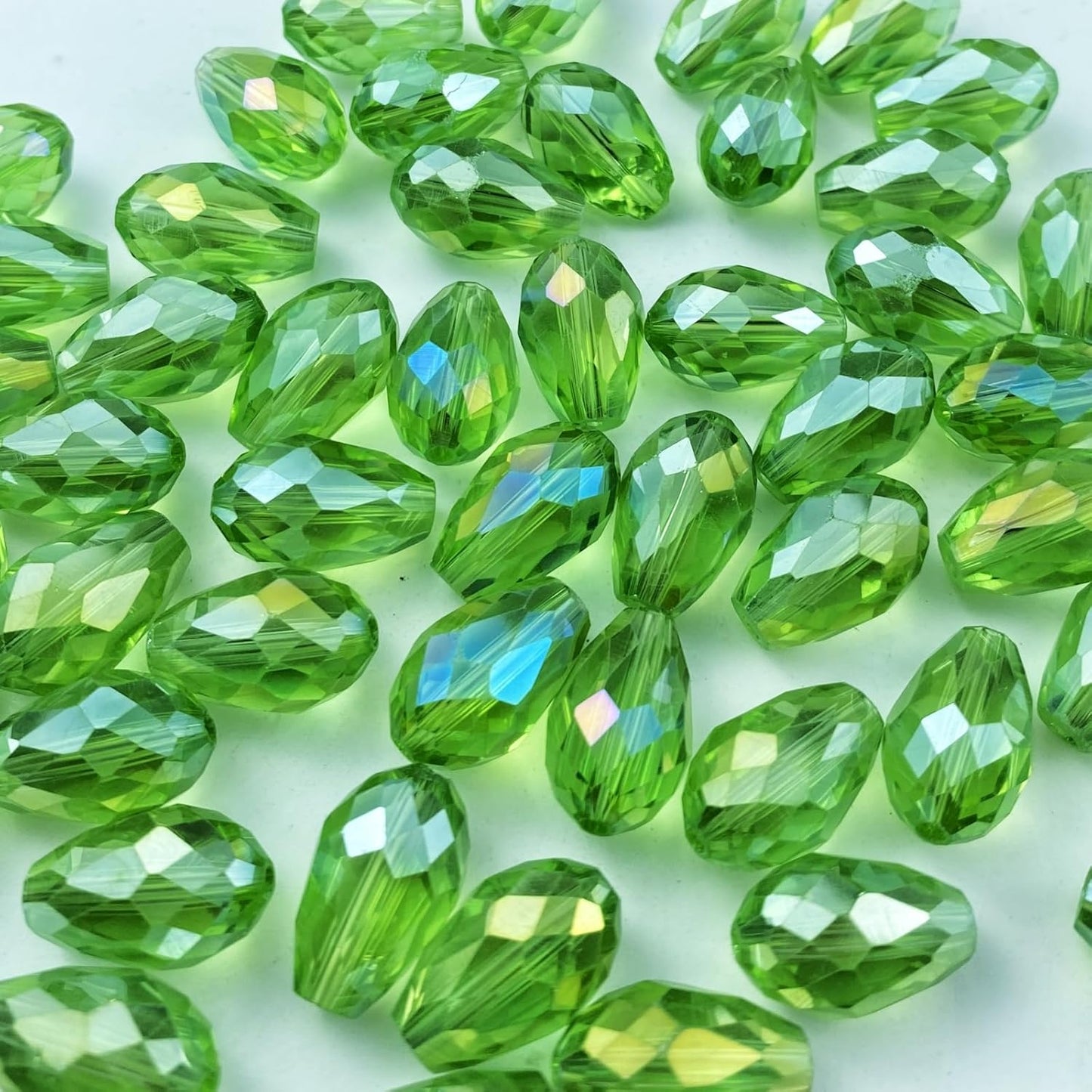 130pcs 6x8mm Teardrop Crystal Glass Beads Vertical Hole Faceted Glass Teardrop Spacer Beads for Bracelets Necklace Earring DIY Jewelry Making Craft(Light Green AB)