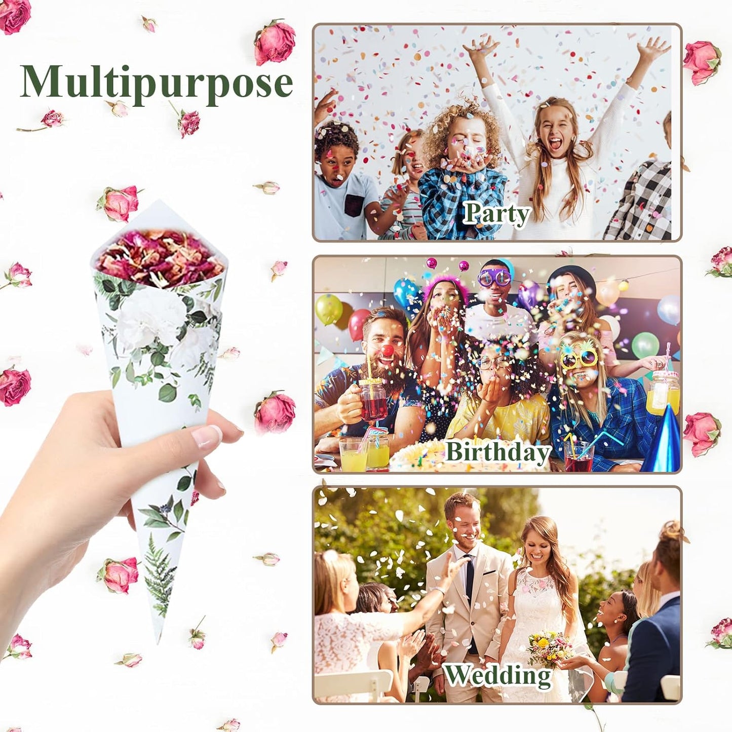 30 Pieces biodegradable confetti Cones and Stand Tray Paper Cone Box 30 Holes Suitable Placing Dried Flower Petals Confetti for Wedding, Engagement, Party, Birthday (Green)