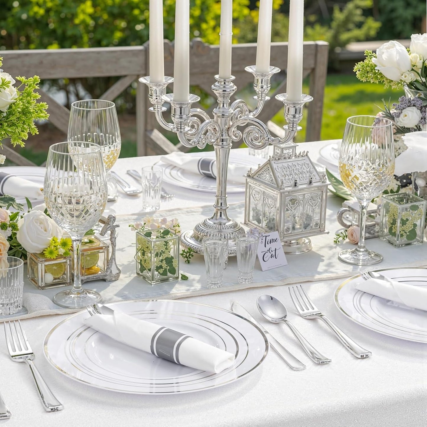 350 Pcs Silver Plastic Plates - Silver Dinnerware Set of 50 Dinner Plates 50 Dessert Plate 50 Silverware 50 Napkins 50 Cups for Christmas Party&Wedding