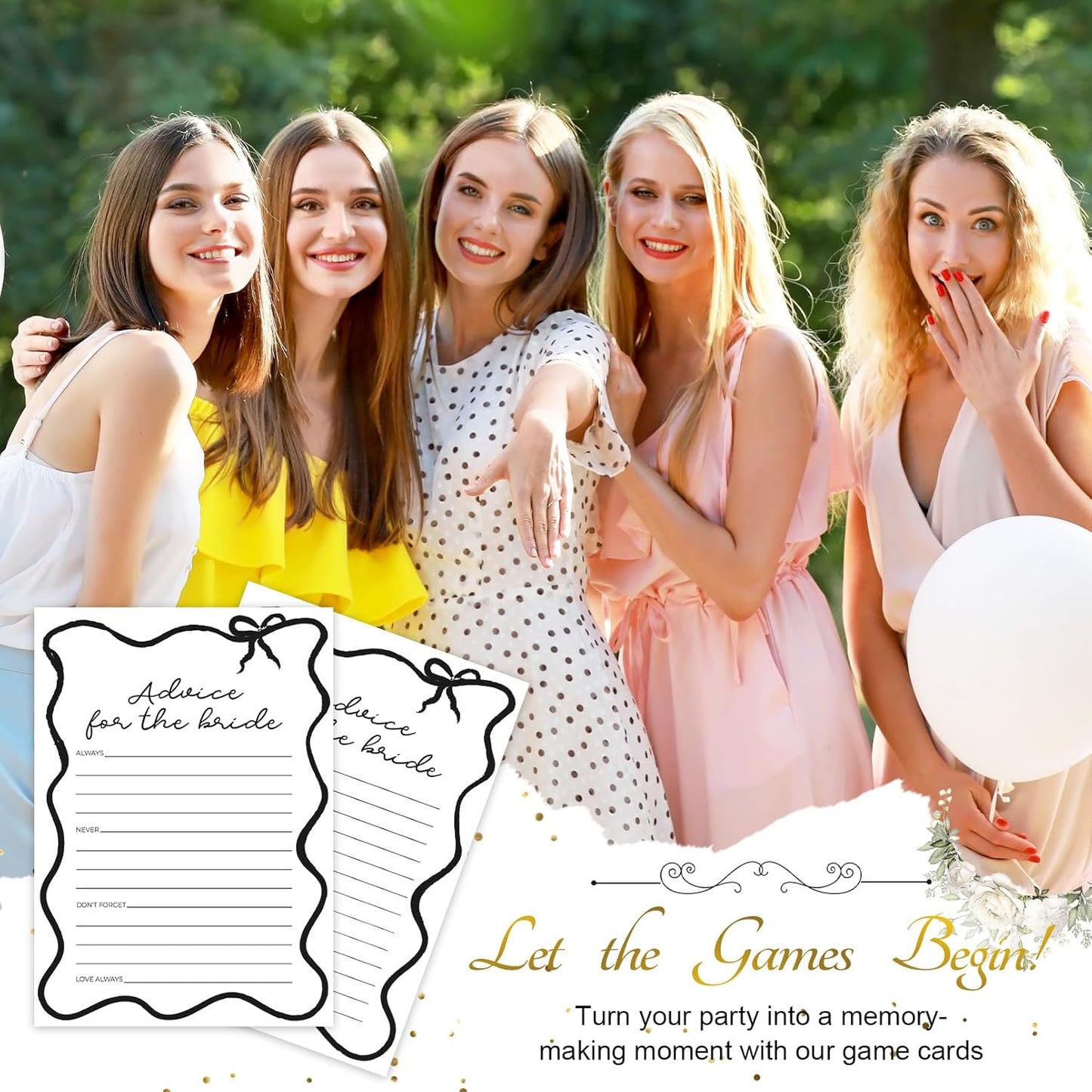 DEEKA 30 PCS Bridal Shower Games Card for 30 Guests Black Wavy Border Ribbon Bow Funny Wedding Bachelorette Party Games for Reception (Advice for The Bride)