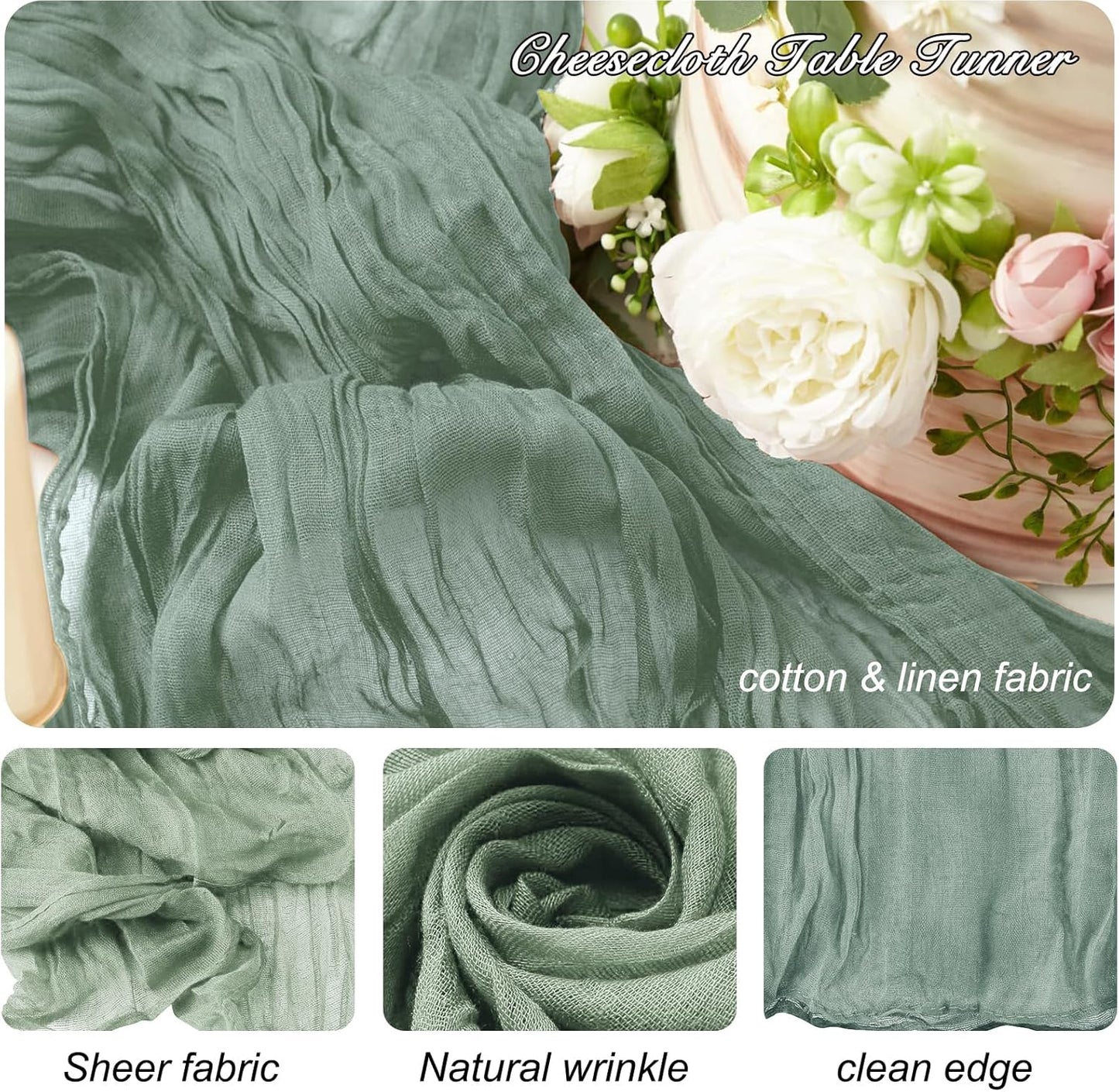 8 Pack 10Ft Sage Green Cheesecloth Table Runner 35x120 inch Boho Gauze Cheese ClothsTable Runners Long Wrinkled Sheer Romantic Table Runner for Wedding Bridal Shower Birthday Party Table Decor