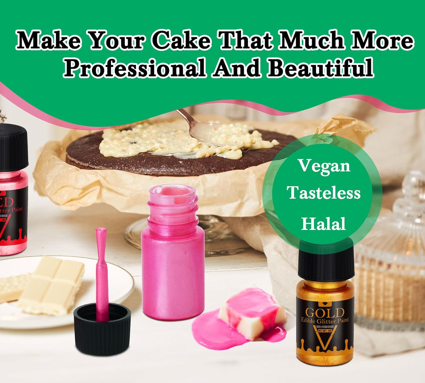 Edible Glitter Paint - 2 fl.oz / 60ml Food Safe Edible Gold Paint for Halloween Cake Decorating, Chocolate, Cocktail, Cupcakes - Gold Food Coloring Liquid Luster Dust for Candy, Drinks, Baking