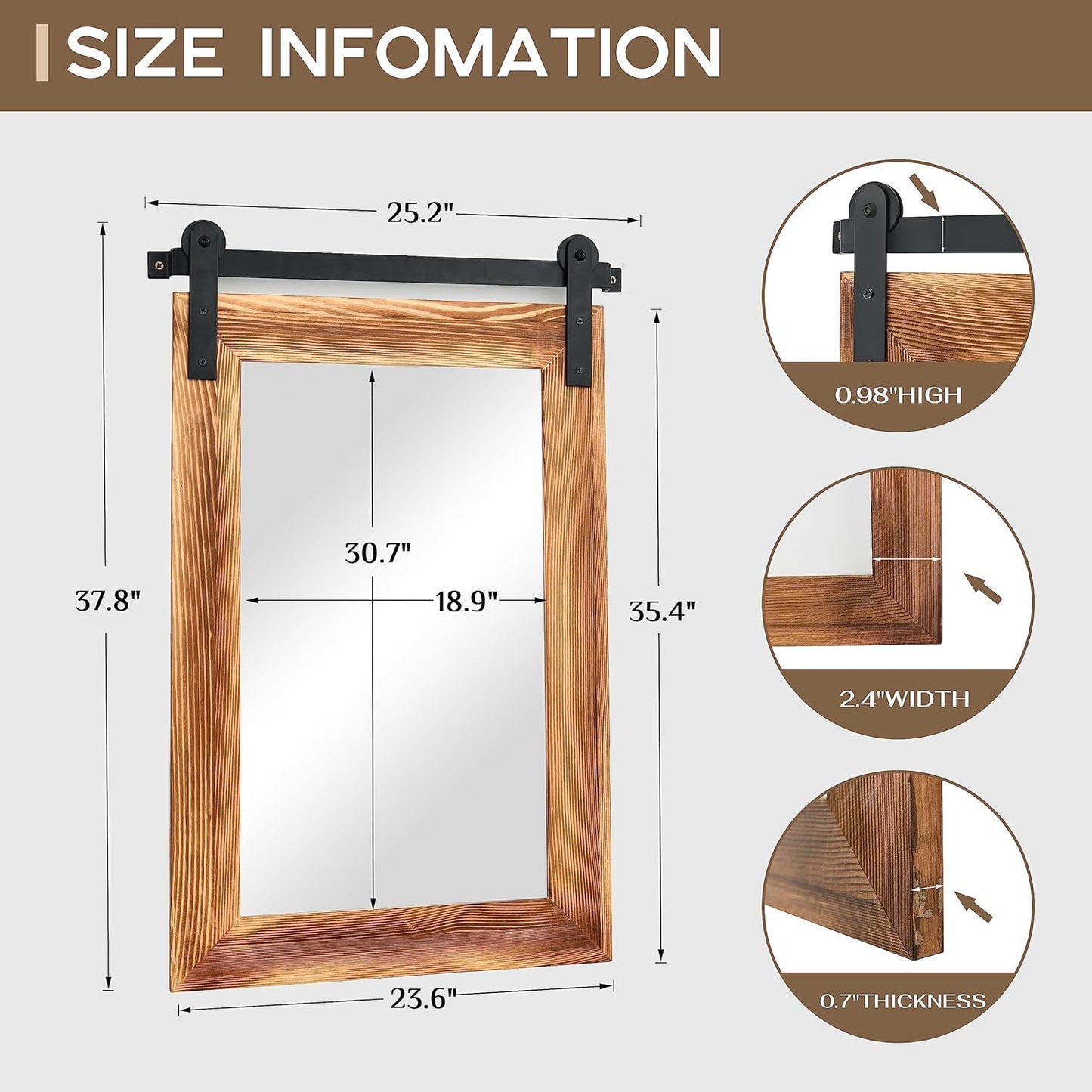 COGOOD Farmhouse Barn Door Wall Mirror - 25" X 38" Rustic Wood Framed Mirror for Bathroom, Living Room, Entryway Wall Decorative (Brown)