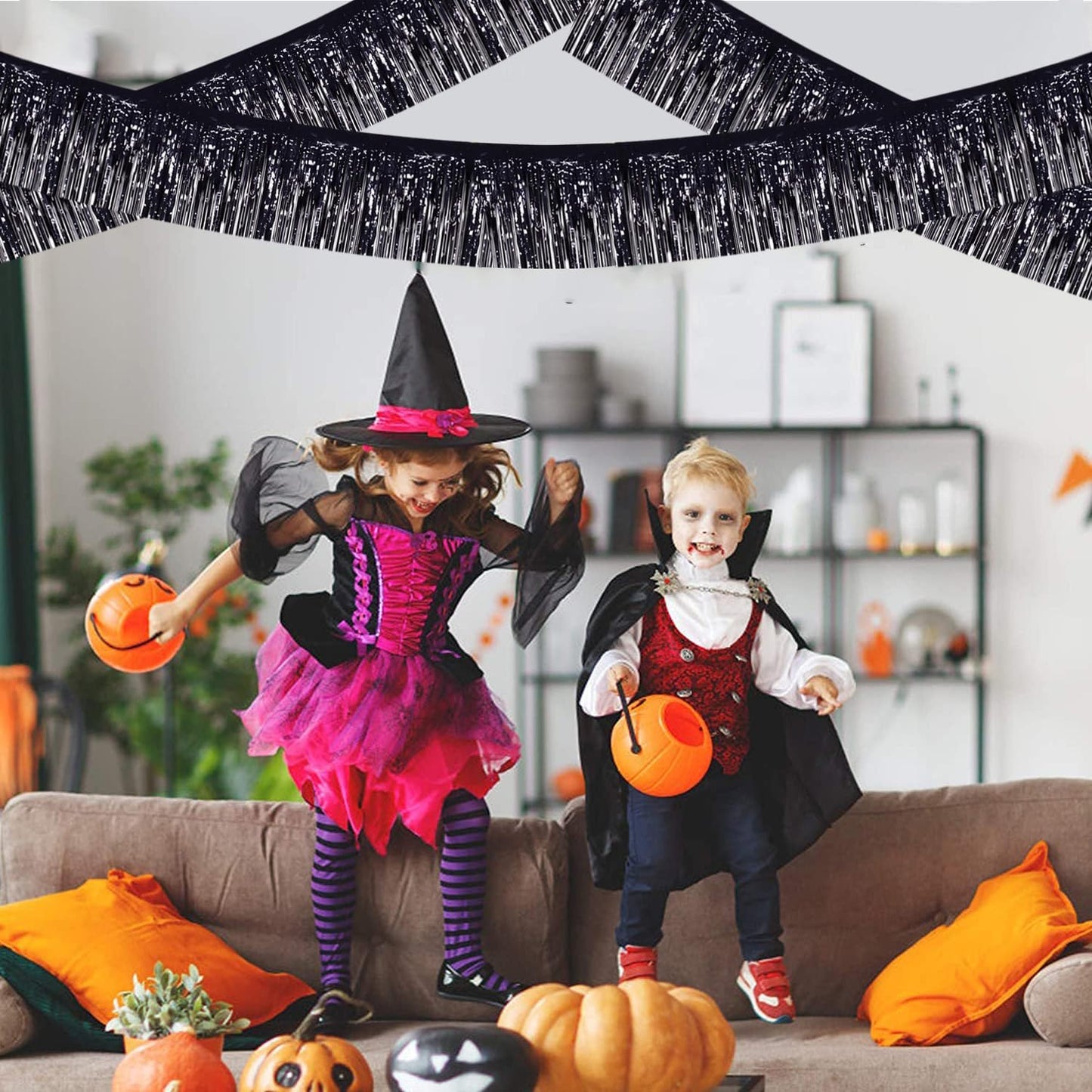 BEISHIDA 3 Packs Metallic Foil Fringe Garland Black Wall Hanging Tinsel Fringe Banners for Car Floats Halloween Bridal Shower Wedding Birthday Easter Graduation Holiday Party Decoration(30 Feet)