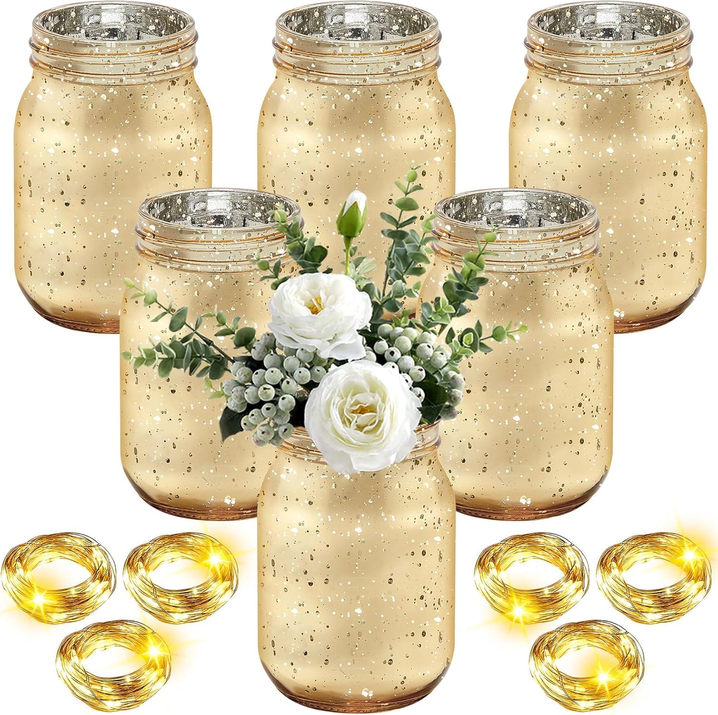 Layhit 6 Pcs Painted Mason Jars Colored Painted Mason Jars Centerpiece for Table with 6 Pcs 9.84 ft 30 LED Operated Fairy Lights for Wedding(Gold)