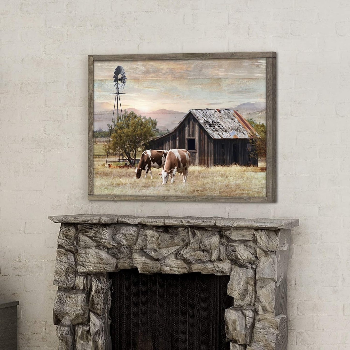 Rustic Wall Decor Barn Framed - Vintage Farmhouse Cow & Windmill Landscape Picture Artwork for Home and Kitchen