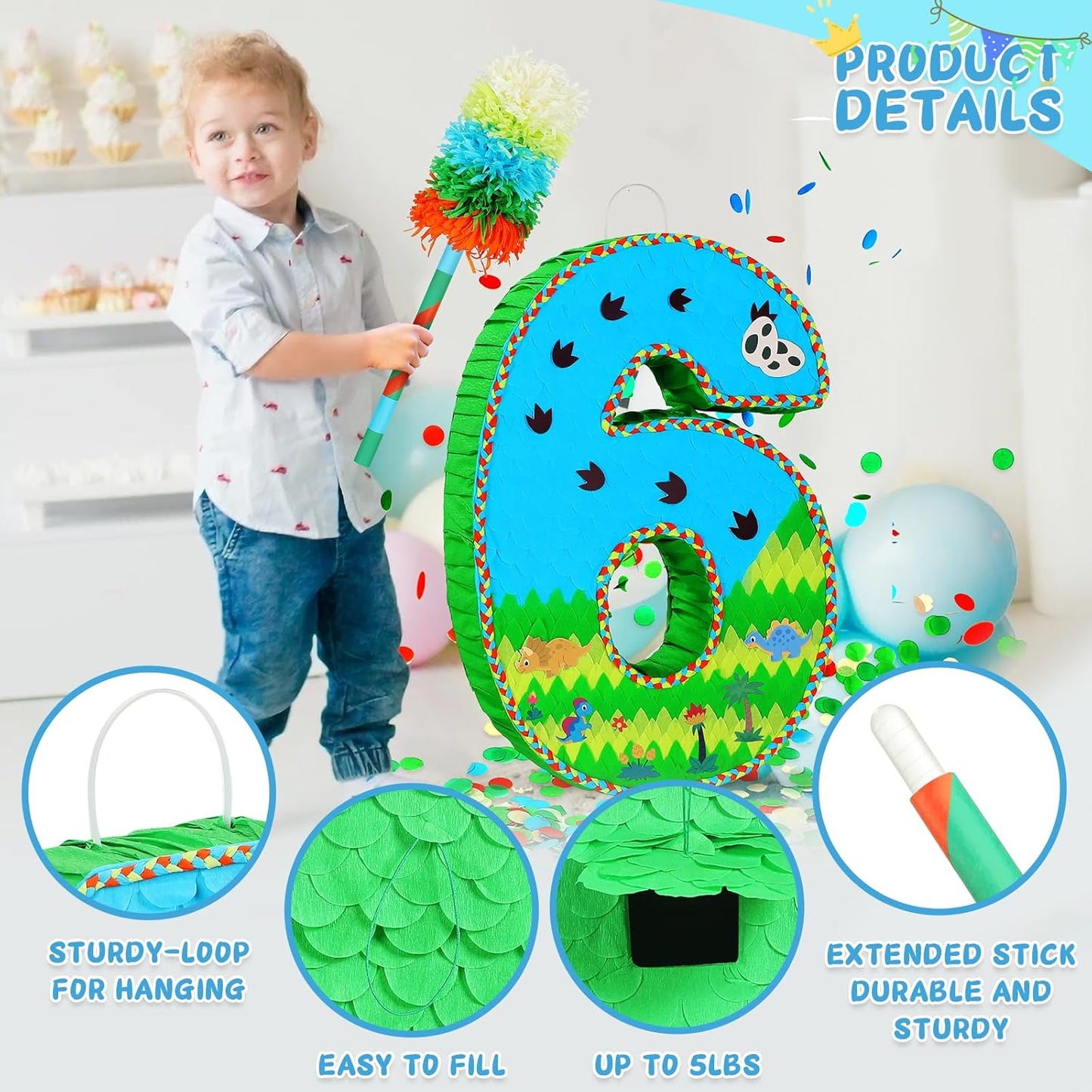 Number 6 Pinata for Birthday Party Decorations, Jungle Dinosaur Piñata Games Toy (6th)