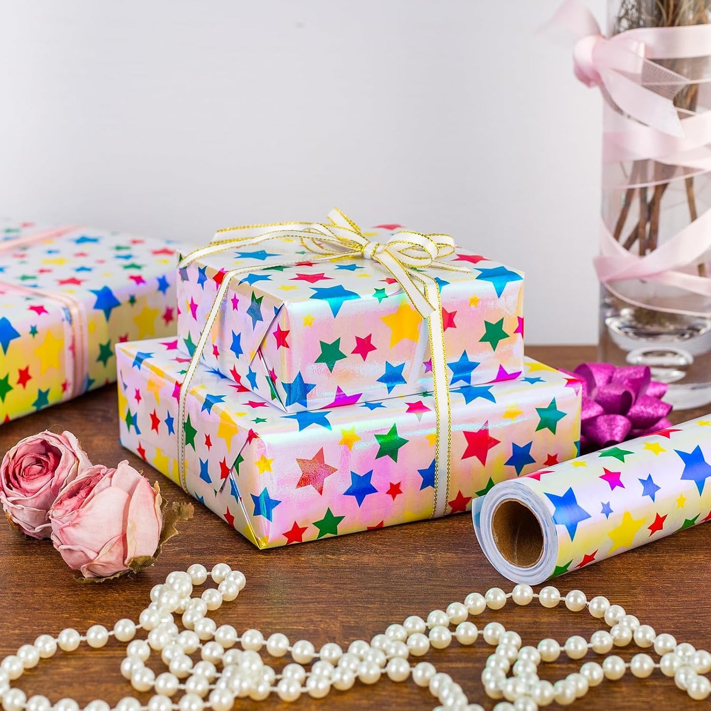 Burymento Holographic Pink Star Gift Wrapping Paper for Birthday, Valentines, Mothers day, Graduation, Wedding, Fathers day, Baby Shower, Christmas (17in x 32.8ft)