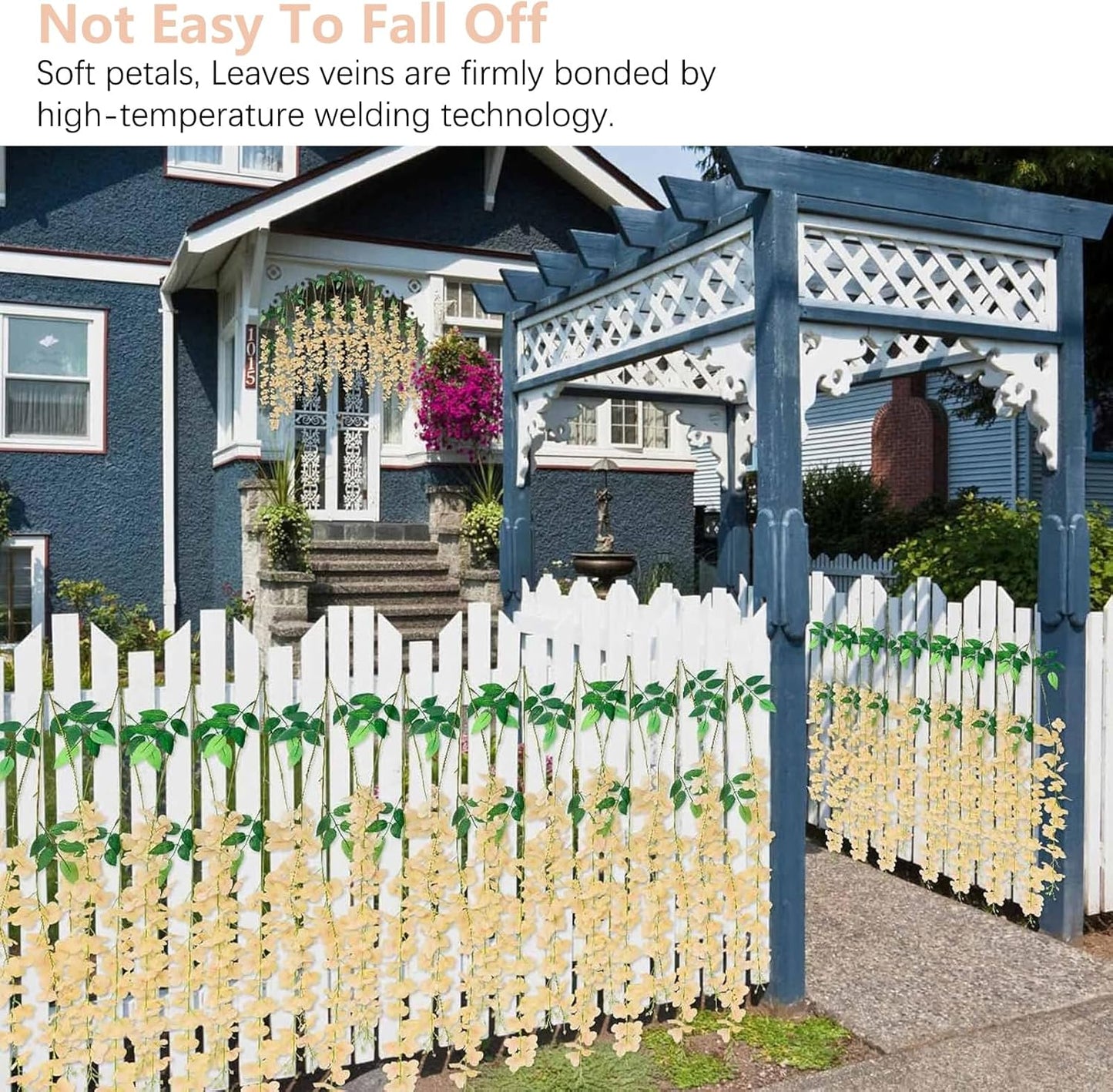 5 Pack Champagne Wisteria Hanging Flowers, 3.44 Ft Fake Hanging Flowers, Artificial Wisteria Garland Vines for Wedding Room Backdrop Outdoor Patio Garden Decoration