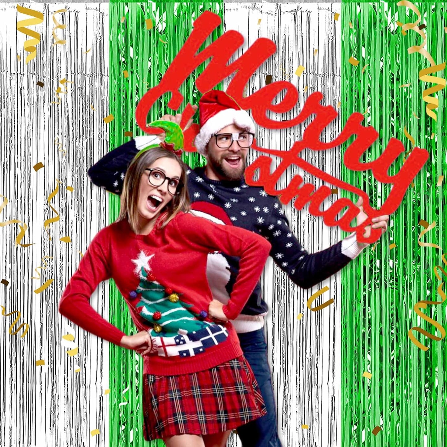 6 Pack Silver Green Foil Fringe Curtains Backdrop, 3.28 x 8.2 Ft Metallic Streamers Tinsel Curtains Background for Photo Booth, Birthday, Weddings, Carnivals, Graduation, Themed Party Decorations