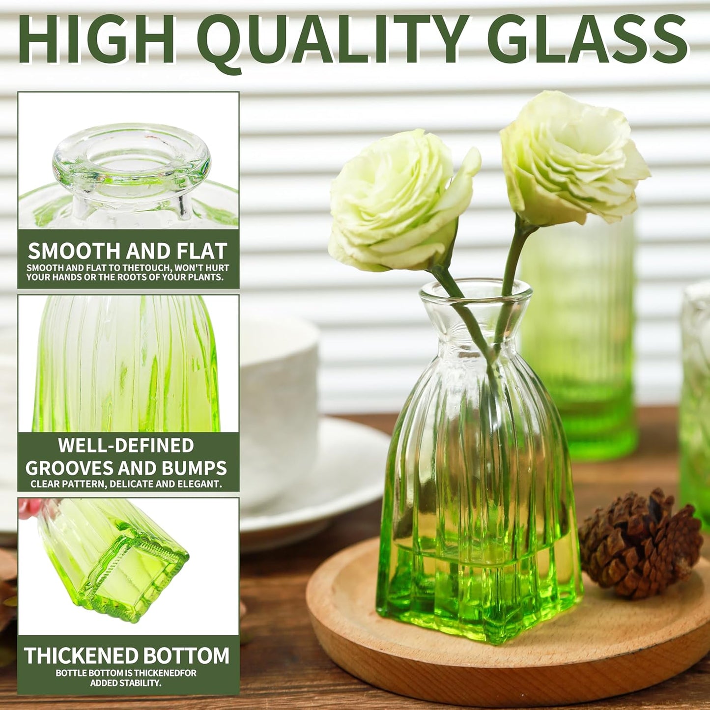 Vintage Small Glass Vases Set of 10,Mini Bud Vases for Flowers,Amber Glass Vases for Centerpieces,Wedding Decorations,Home Table Flower Decor (Olive Green)