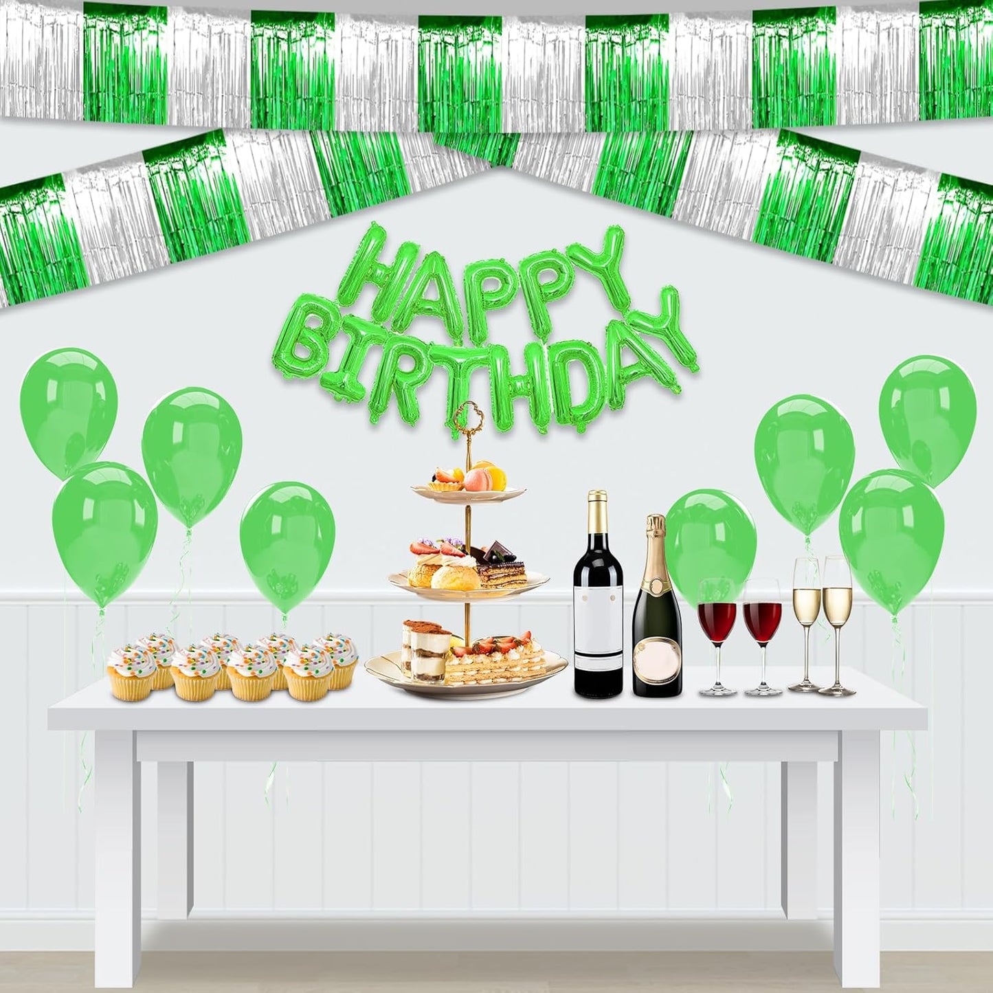 3 Pack 10 Feet Silver Green Foil Fringe Garland Metallic Tinsel Streamers Banner Wall Hanging Curtain Backdrop for Parade Floats, Mother's Day, Wedding, Graduate, Easter, Birthday Party Decorations