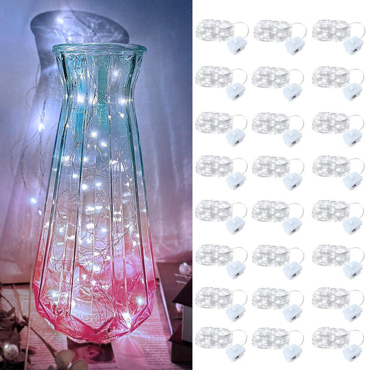 24 Pack Led Fairy Lights - White, Battery Operated LED Silver Wire String Lights, 7FT 20LED Mini Firefly Starry String Lights Waterproof Led Twinkle Lights for Mason Jar DIY Christmas Decor