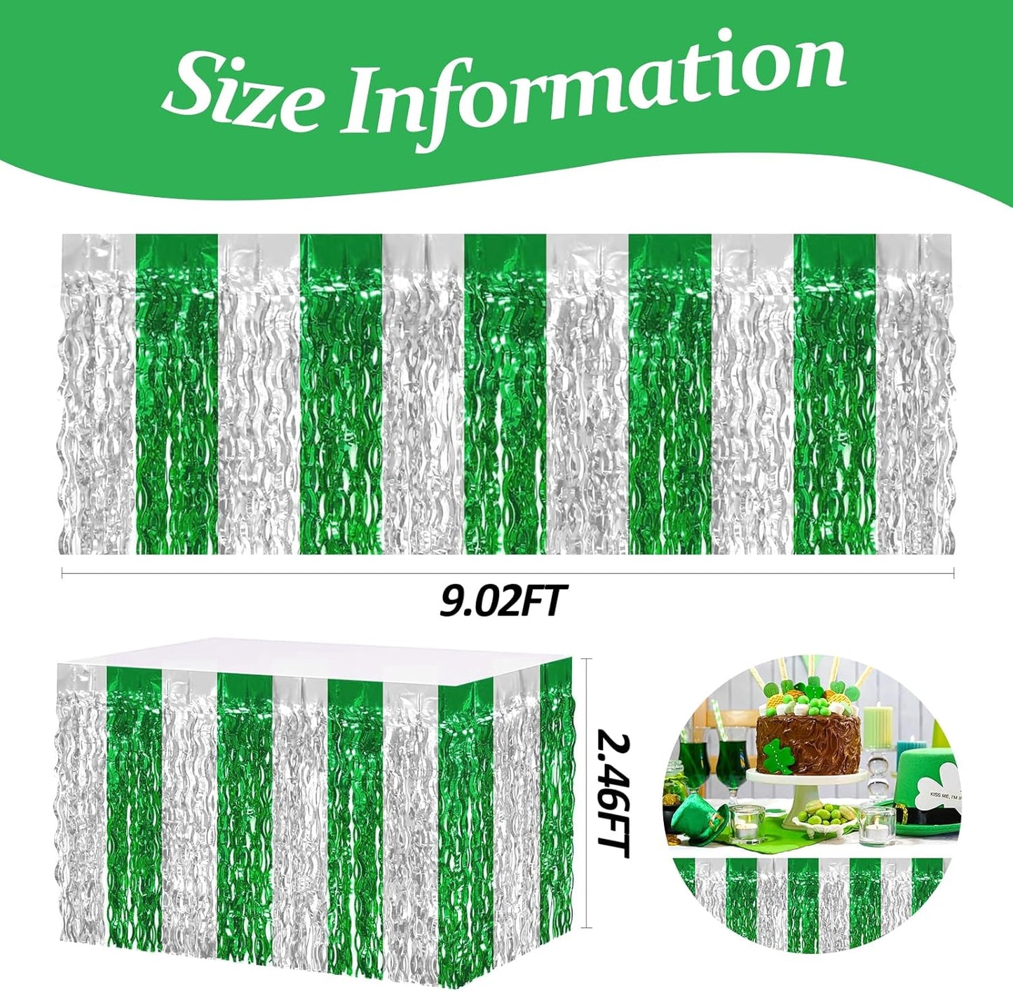 4P Wavy Metallic Tinsel Foil Fringe Table Skirts for Rectangle Tables Backdrop Garland Curtains for Parade Floats Wedding Birthday Parties Decoration Graduation 2025 Christmas (Silver Green)
