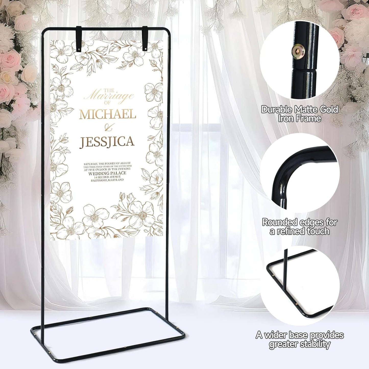 Wedding Sign Stand - Adjustable Wedding Sign W/Design Bundle & Leather Sign Hanging Straps, Durable Metal Easel Stand for Wedding Welcome Signs, Seating Charts, Ceremony & Reception Decor (Black)