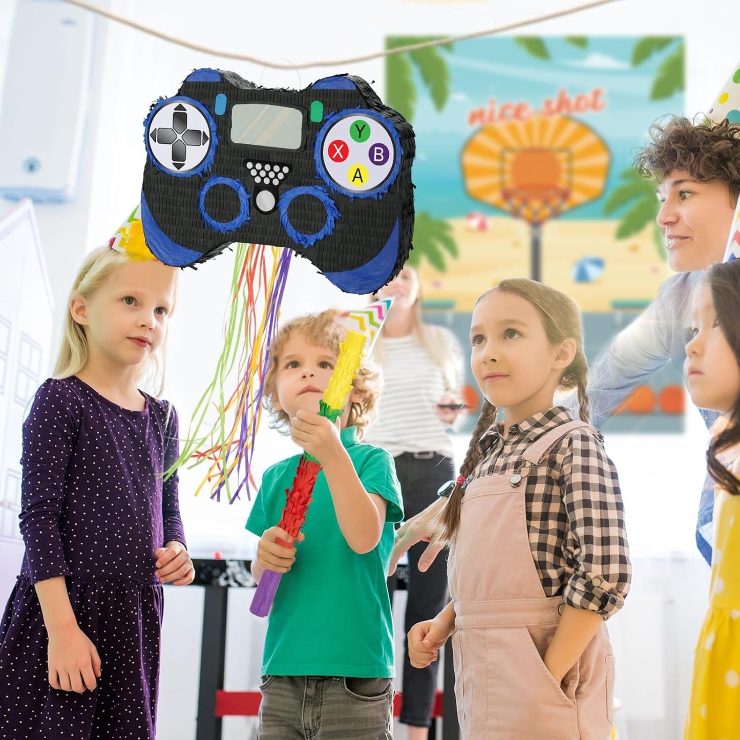 WERNNSAI Video Game Piñata - Game Controller Piñata Bundle with Blindfold and Bat for Boys Kids Piñata Gaming Theme Party Decoration Supplies Pull String Piñata for Birthday Party Celebration Blue