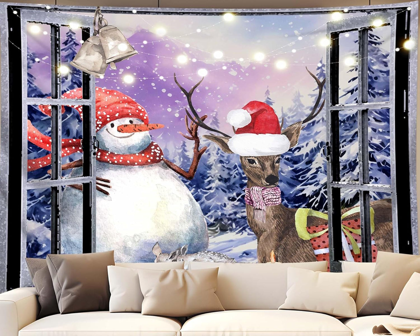 QGHOT Christmas Window Tapestry Wall Hanging Christmas Backdrop Winter Window Wall Decor Xmas Snowman Deer Tapestries for Bedroom Living Room Dorm Holiday Party Decoration, Large