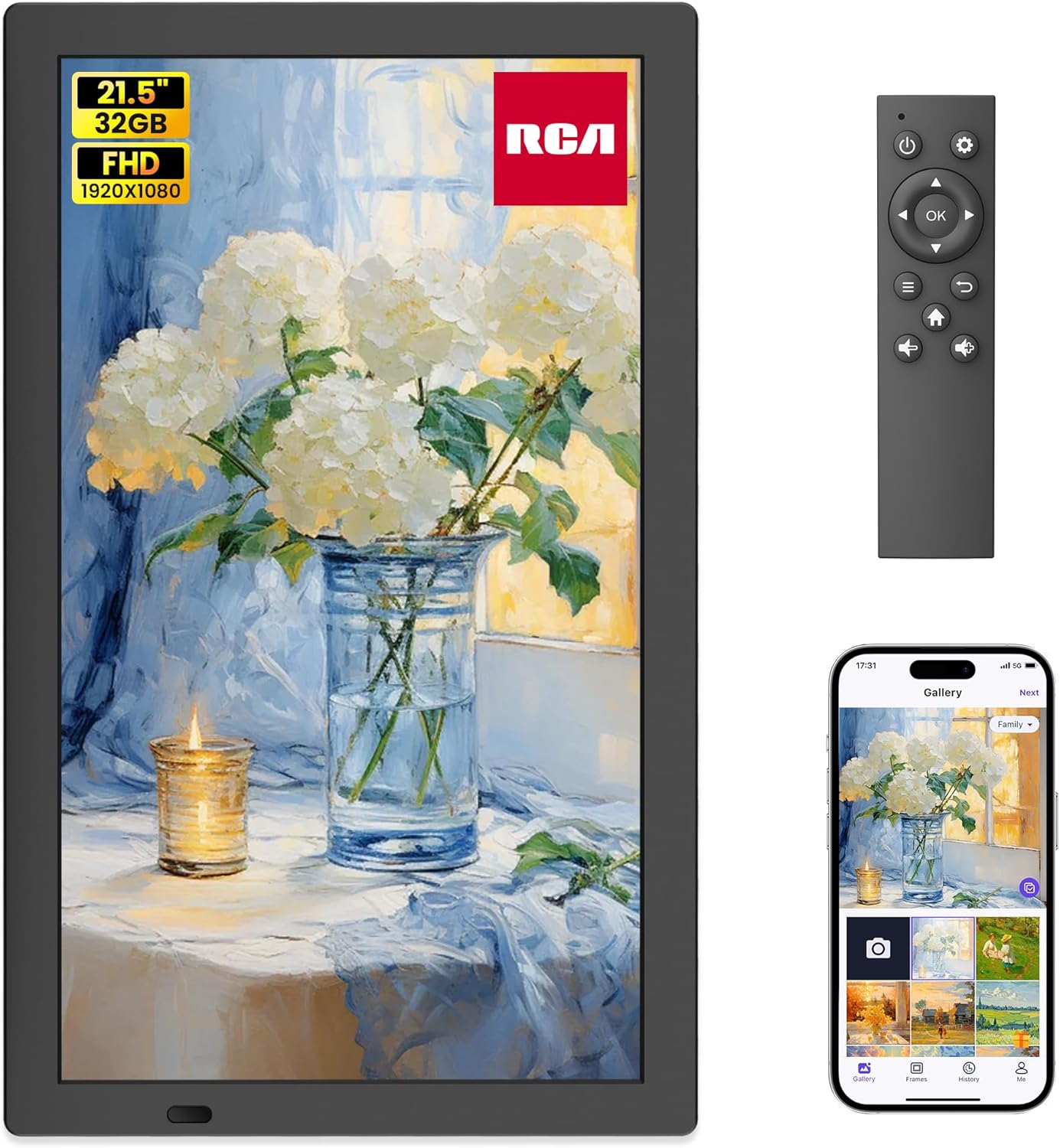 RCA 21.5" Large WiFi Digital Picture Frame Electric Uhale Frames with Remote Control 32GB Memory, 1920 X 1080P FHD IPS No Touch Screen, Support Wall Mount, Auto Rotate, Instantly Share Photos Videos