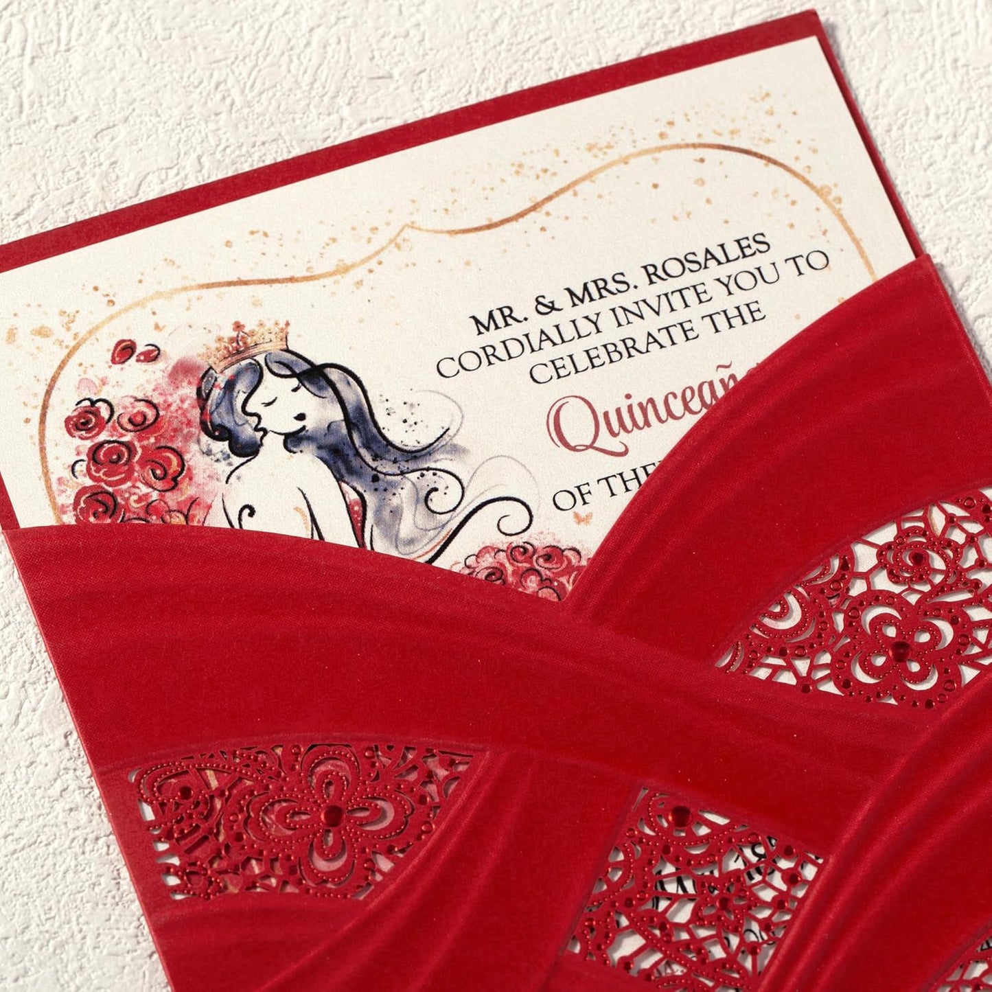 50pcs Laser Cut Quinceanera Invitations with Envelopes Red, 5x7.3 Personalized Invitation Cards for Wedding