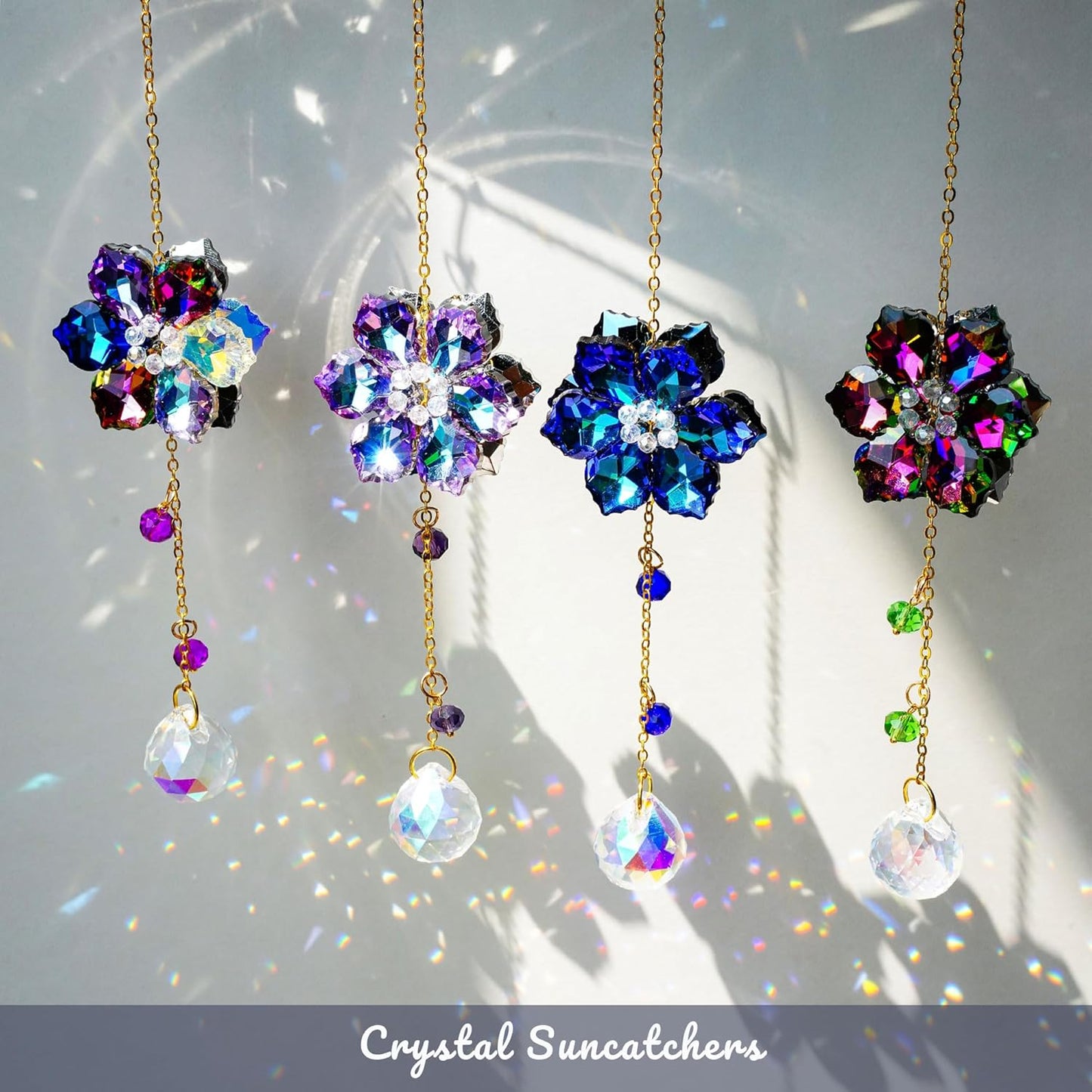 HDCRYSTALGIFTS 4pcs Crystal Flower Suncatchers for Window Hanging Ornaments, Rainbow Maker Crystal Sun Catchers Indoor Window Outdoor Patio Garden Decor Gifts (Multicolor)