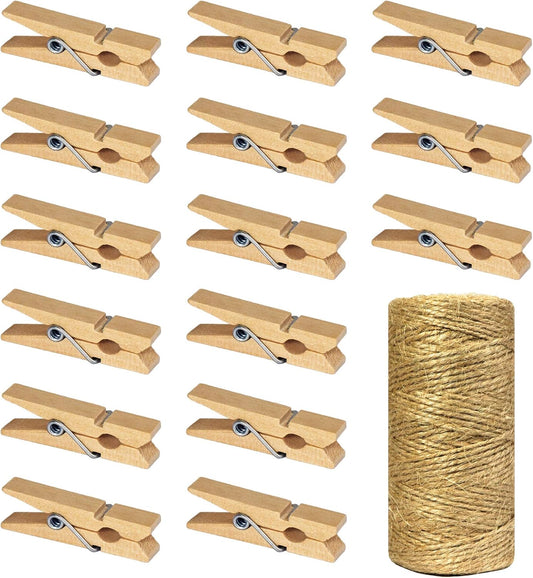 Mini Wooden Clothespins With Jute Twine, 100pcs, 1.4 Inch Photo Paper Peg Pin Craft Clips With 320ft Twine for Scrapbooking, Arts & Crafts, Hanging Photos (Natural Color)