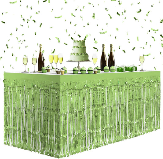 1 Pack Light Green Table Skirts, 29x108" Metallic Foil Tinsel Fringe Table Skirts for Rectangle Tables Streamer Curtains Backdrop, Party Decorations for Birthdays Weddings Holidays