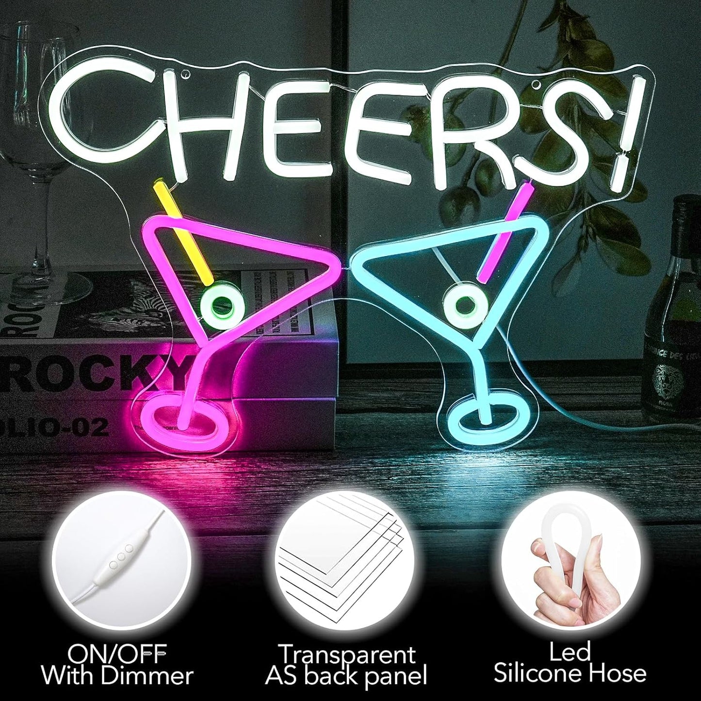 Cheers Neon Sign,Bar Cocktail Neon Sign for Wall Decor,USB Powered,Living Room,Game Room Decor,for Adult Boys Girls Bedroom Restaurant Hotel Party Birthday(16.5x11.5in)