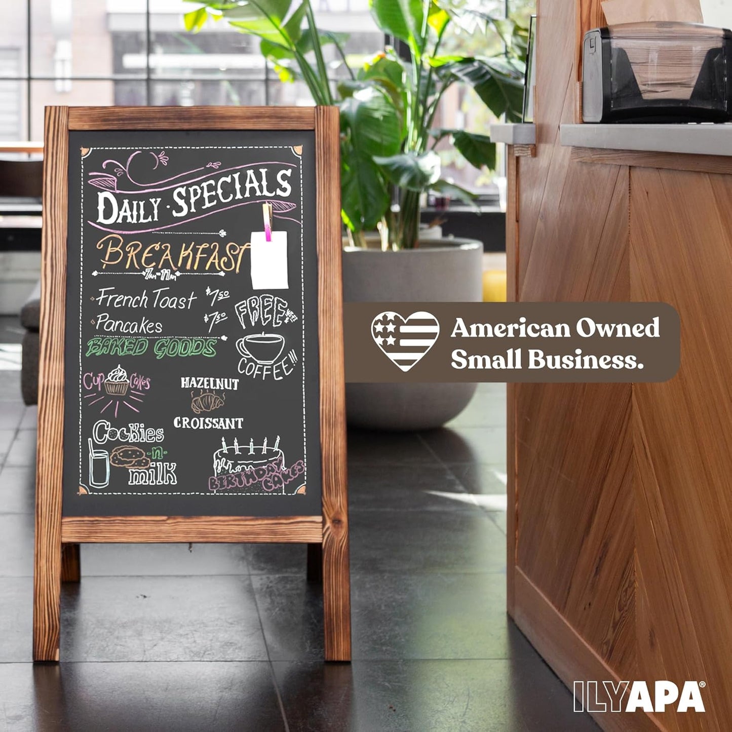 Ilyapa Wooden Sandwich Board Signs Outdoor A Frame Chalkboard Sign with Eraser & Chalk - Magnetic Sidewalk Sign 20x40 - Chalkboard Easel for Restaurant, Business or Wedding