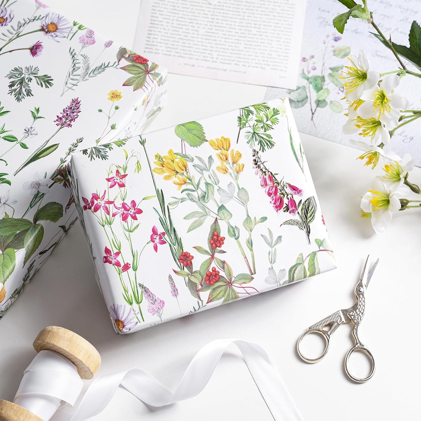 RUSPEPA 30" X 100' Wild Flower Wrapping Large Paper Roll for Women Girls, Jumbo Roll, Elegant Floral Design Gift Wrap Perfect for Birthday, Bridal Shower, Spring, Wedding, Mother's Day