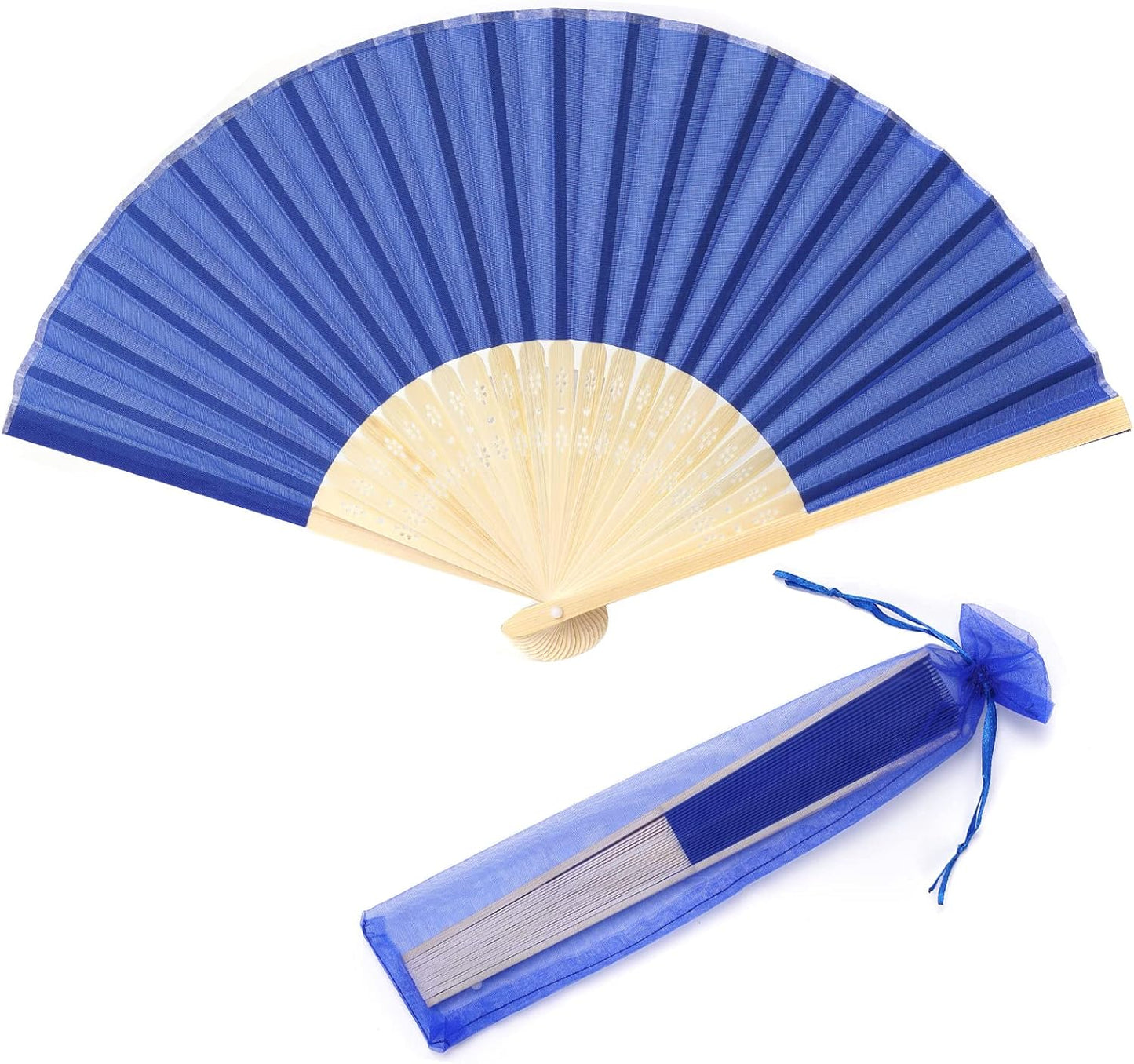 24pcs Imitated Silk Hand Fan Imitated Silk Fabric Bamboo Handheld Folded Fan Bridal Dancing Props Church Wedding Party Favors with Organza Bags (Royal Blue)