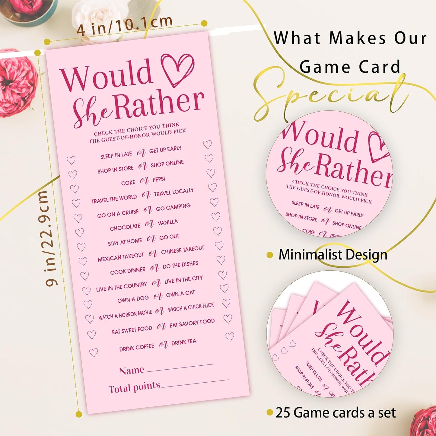 4x9 Inch Wedding Shower Games Cards, Would She Rather, Pink Bridal Shower Games for 25 Guests, Engagement Party Supplies, Wedding Party Supplies Decoration-A02